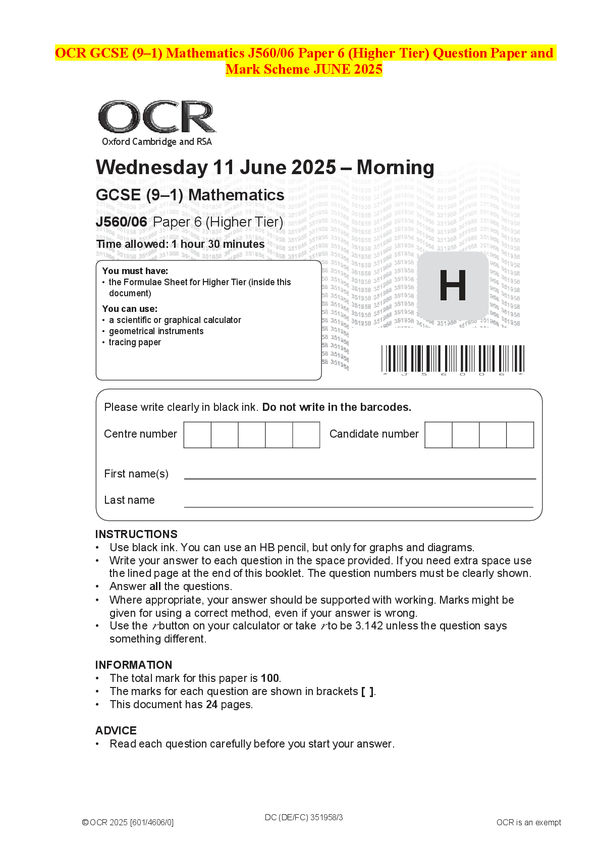 Recommended document preview for OCR GCSE (9–1) Mathematics J560/06 Paper 6 (Higher Tier) Question Paper and Mark Scheme JUNE 2025