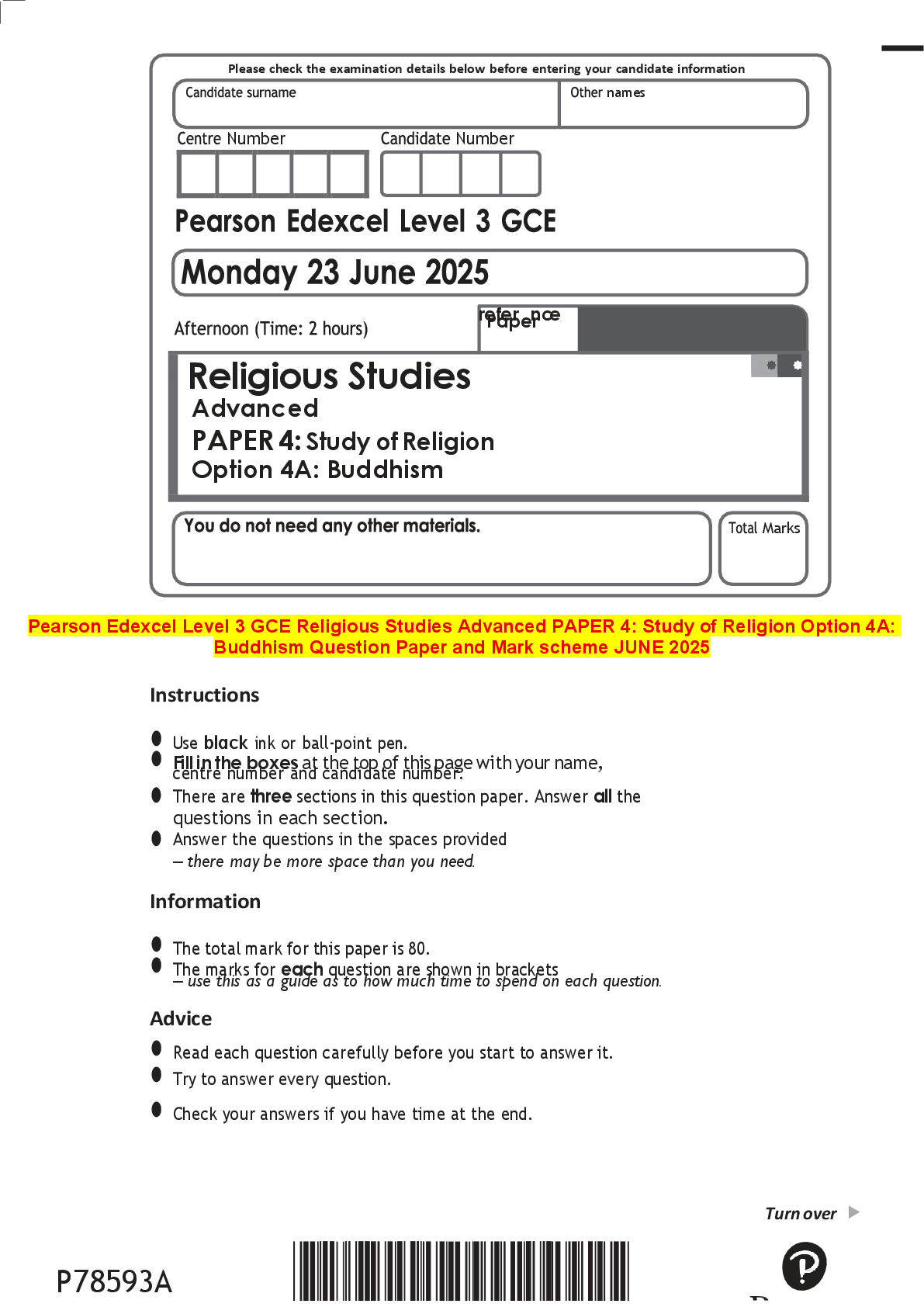 Recommended document preview for Pearson Edexcel Level 3 GCE Religious Studies Advanced PAPER 4: Study of Religion Option 4A: Buddhism Question Paper and Mark scheme JUNE 2025