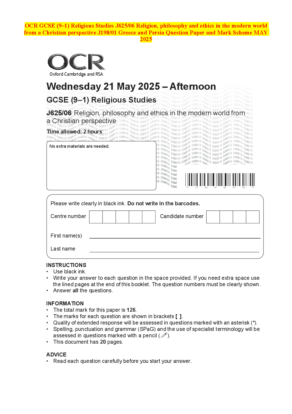 Recommended document preview for OCR GCSE (9–1) Religious Studies J625/06 Religion, philosophy and ethics in the modern world from a Christian perspective J198/01 Greece and Persia Question Paper and Mark Scheme MAY 2025