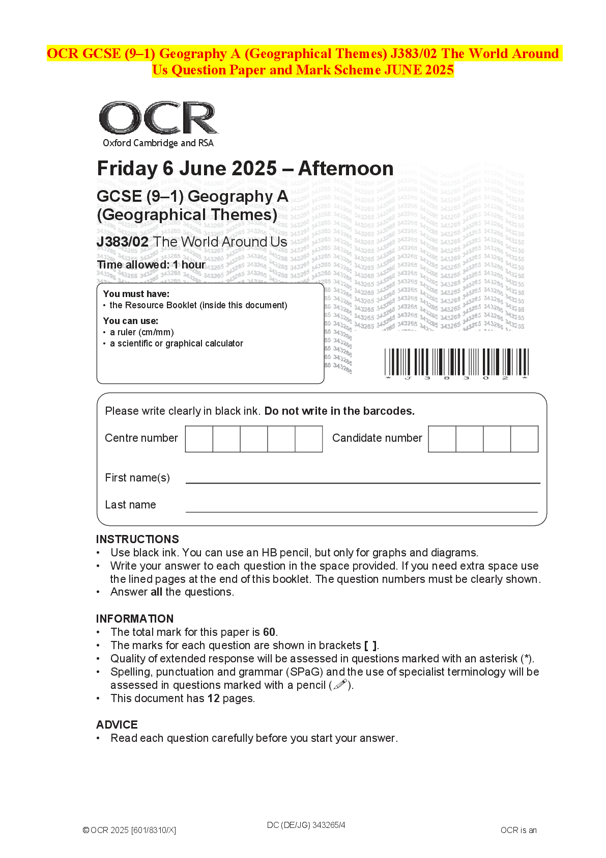 Recommended document preview for OCR GCSE (9–1) Geography A (Geographical Themes) J383/02 The World Around Us Question Paper and Mark Scheme JUNE 2025