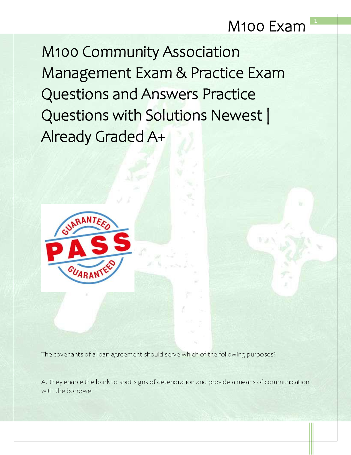 Recommended document preview for M100 Community Association  Management Exam & Practice Exam  Questions and Answers Practice  Questions with Solutions Newest |  Already Graded A+
