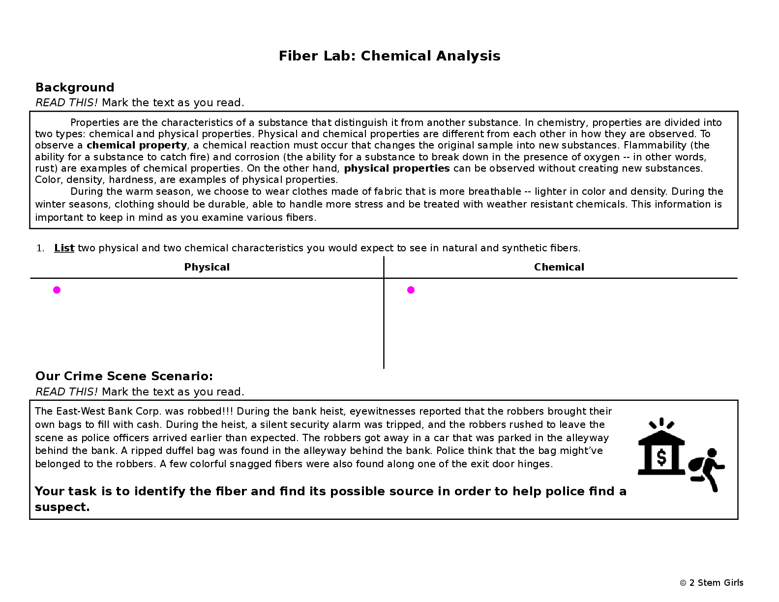 Preview of CHEM 2423 Fiber Lab: Chemical Analysis -identify the fiber and find its possible source in order to help police find a suspect.