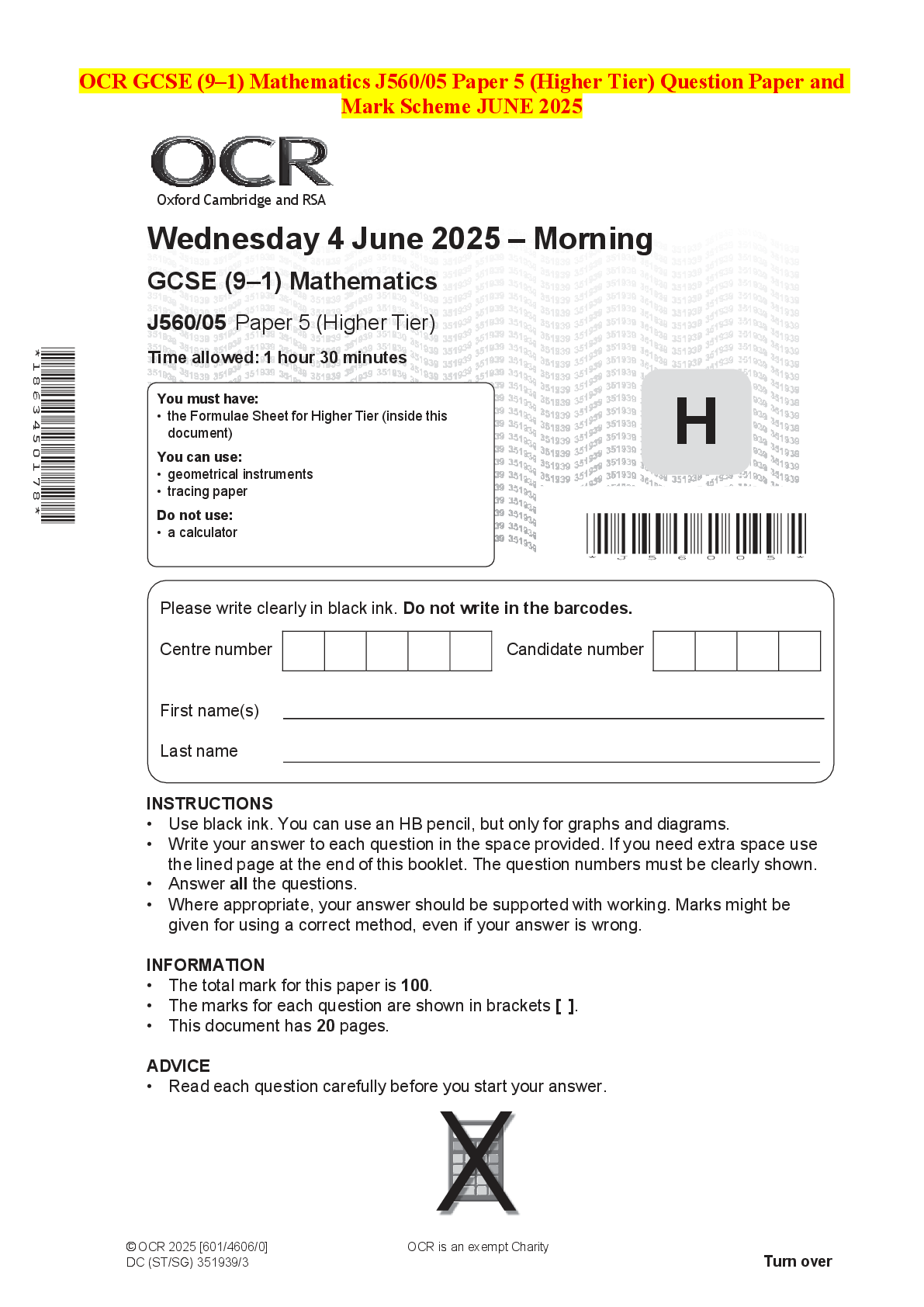 Recommended document preview for OCR GCSE (9–1) Mathematics J560/05 Paper 5 (Higher Tier) Question Paper and Mark Scheme JUNE 2025