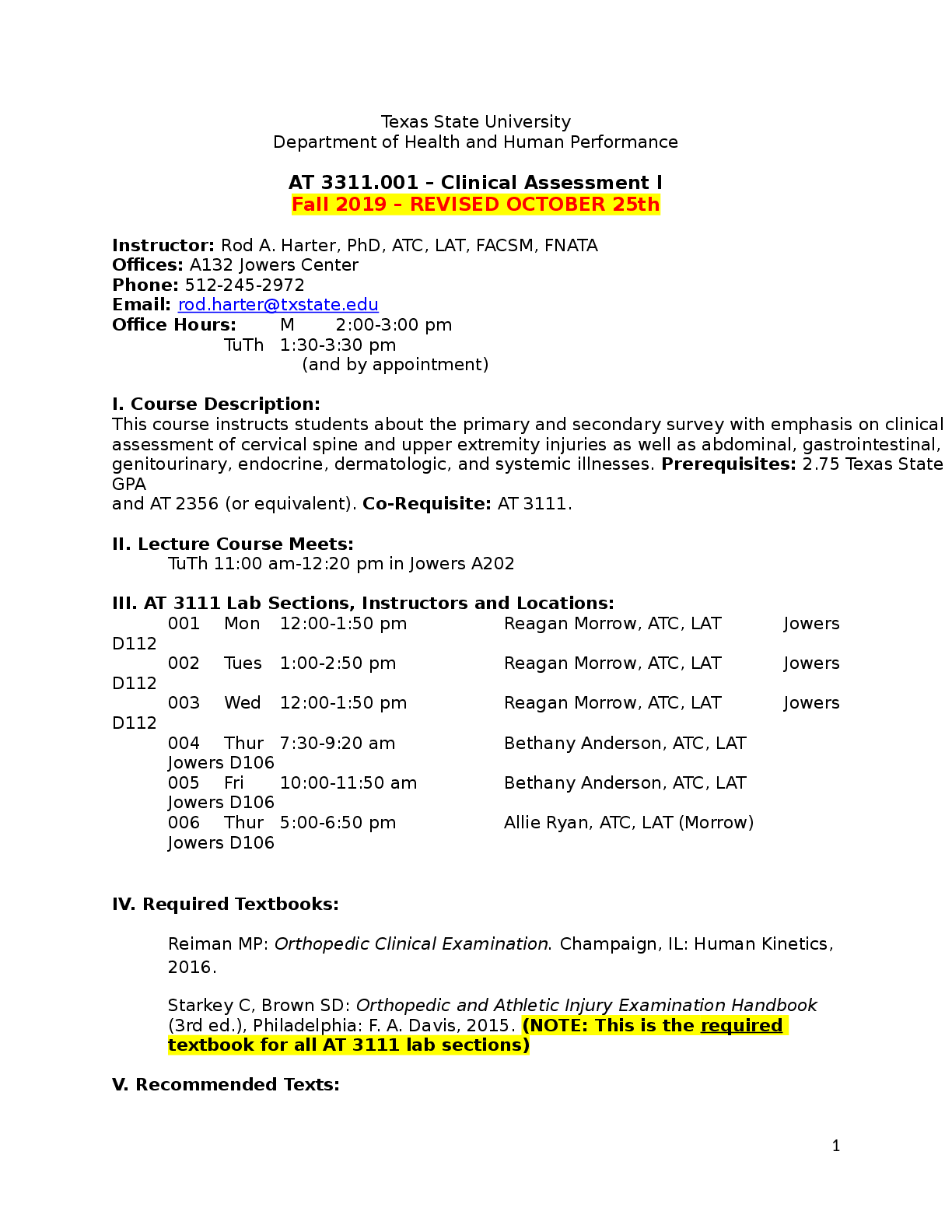 Recommended document preview for AT 3311.001 – Clinical Assessment I Fall 2019 – REVISED OCTOBER 25th