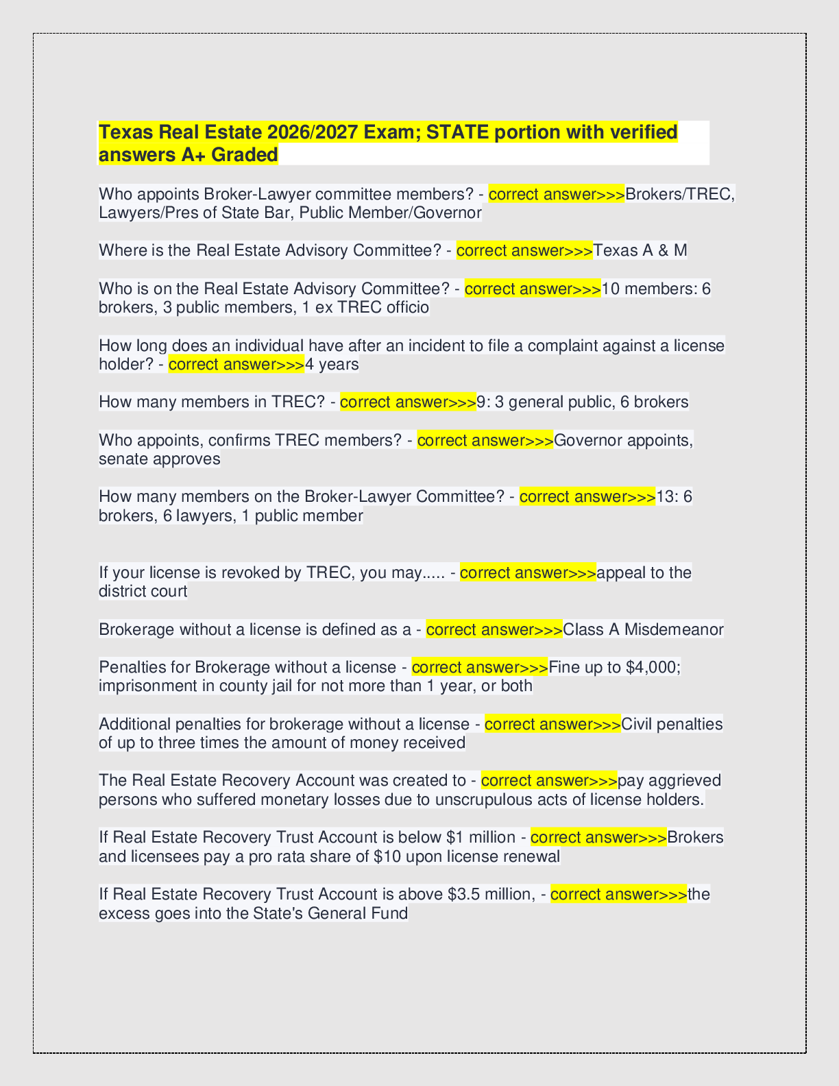 Preview image for Texas Real Estate 2026/2027 Exam; STATE portion with verified  answers A+ Graded