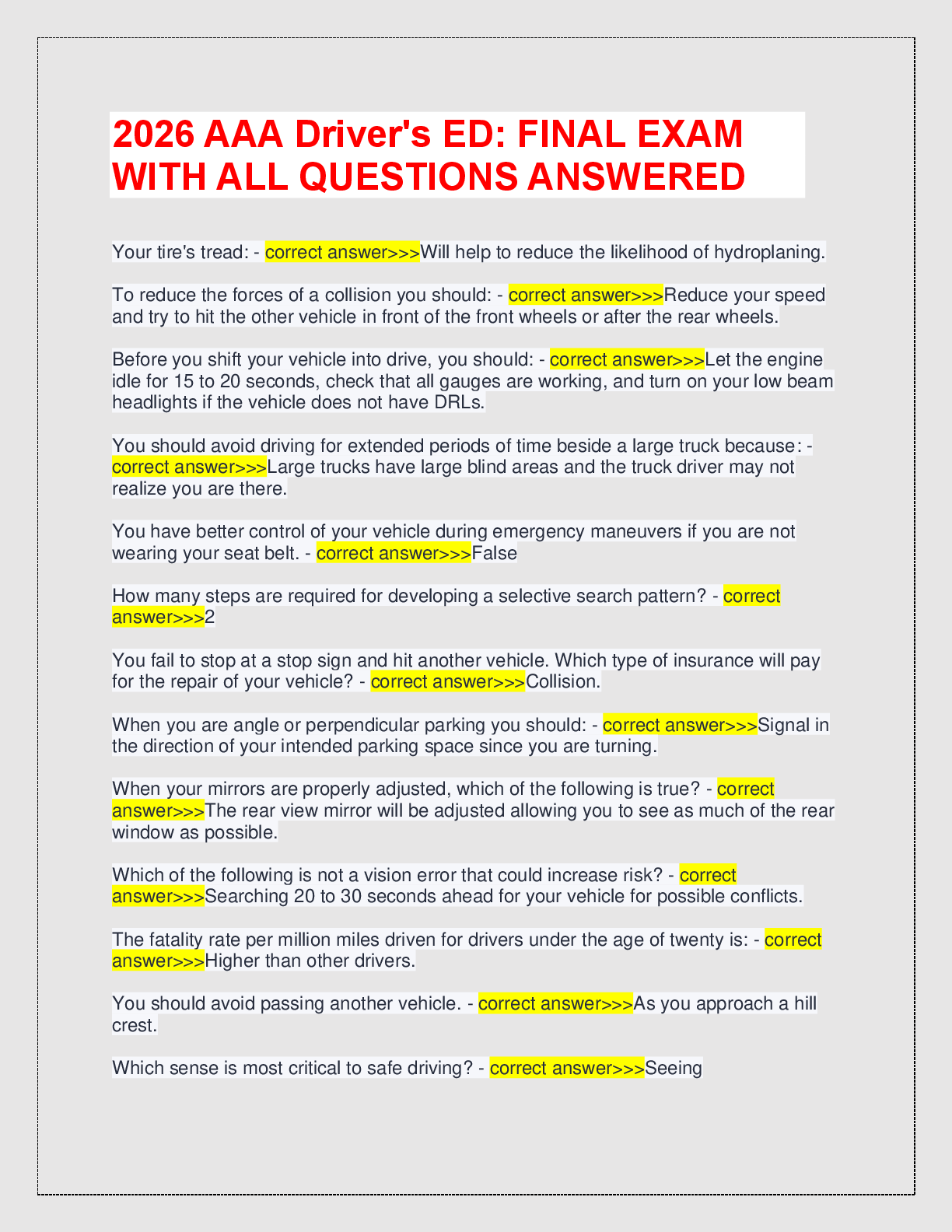 Preview of 2026 AAA Driver's ED: FINAL EXAM WITH ALL QUESTIONS ANSWERED