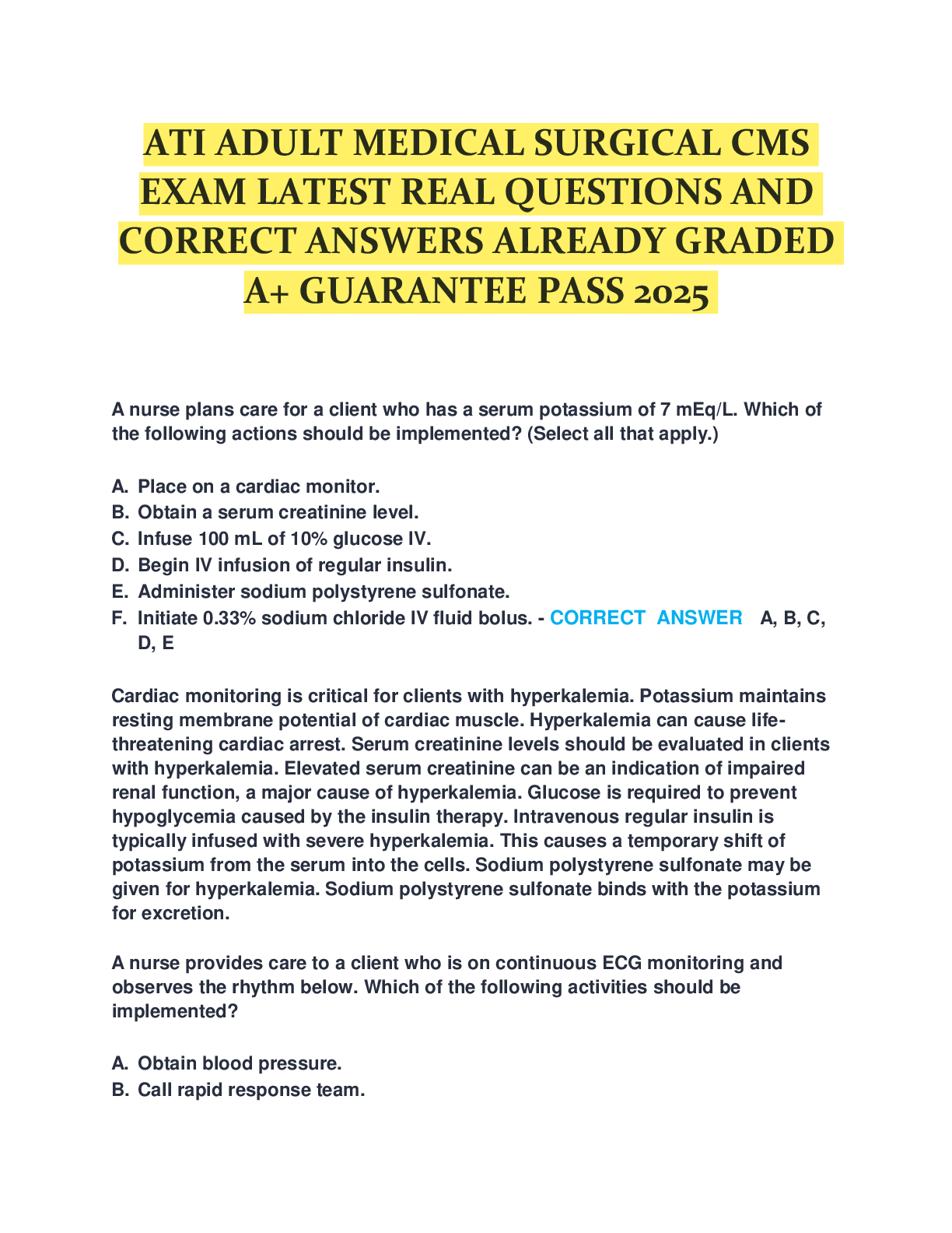 Preview of ATI ADULT MEDICAL SURGICAL CMS  EXAM LATEST REAL QUESTIONS AND  CORRECT ANSWERS ALREADY GR