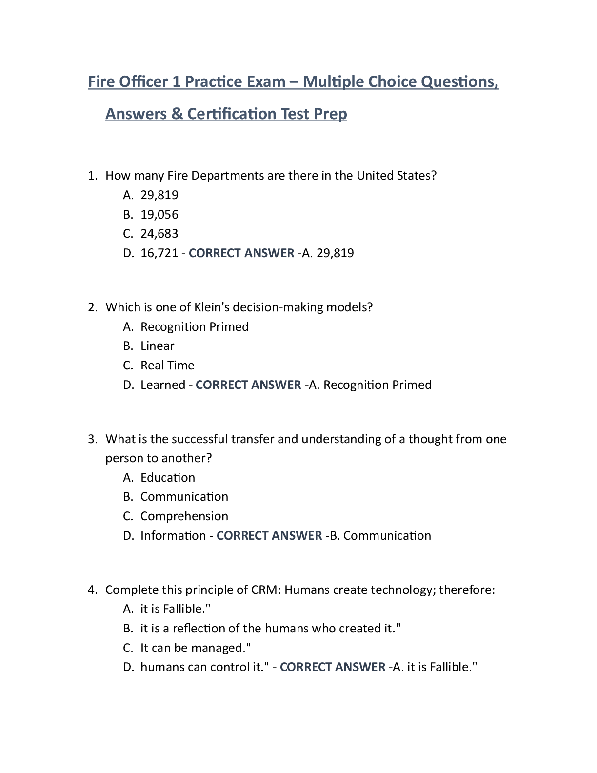 Preview of Fire Officer 1 Practice Exam – Multiple Choice Questions, Answers & Certification Test Prep