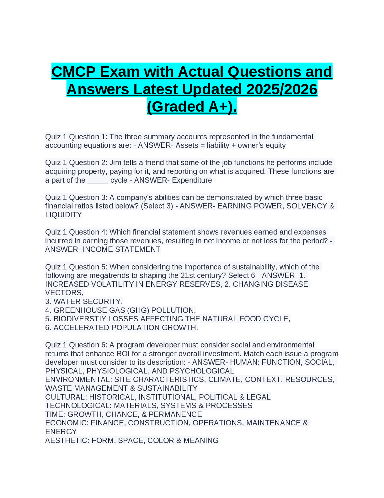 Recommended document preview for CMCP Exam with Actual Questions and  Answers Latest Updated 2025/2026  (Graded A+).