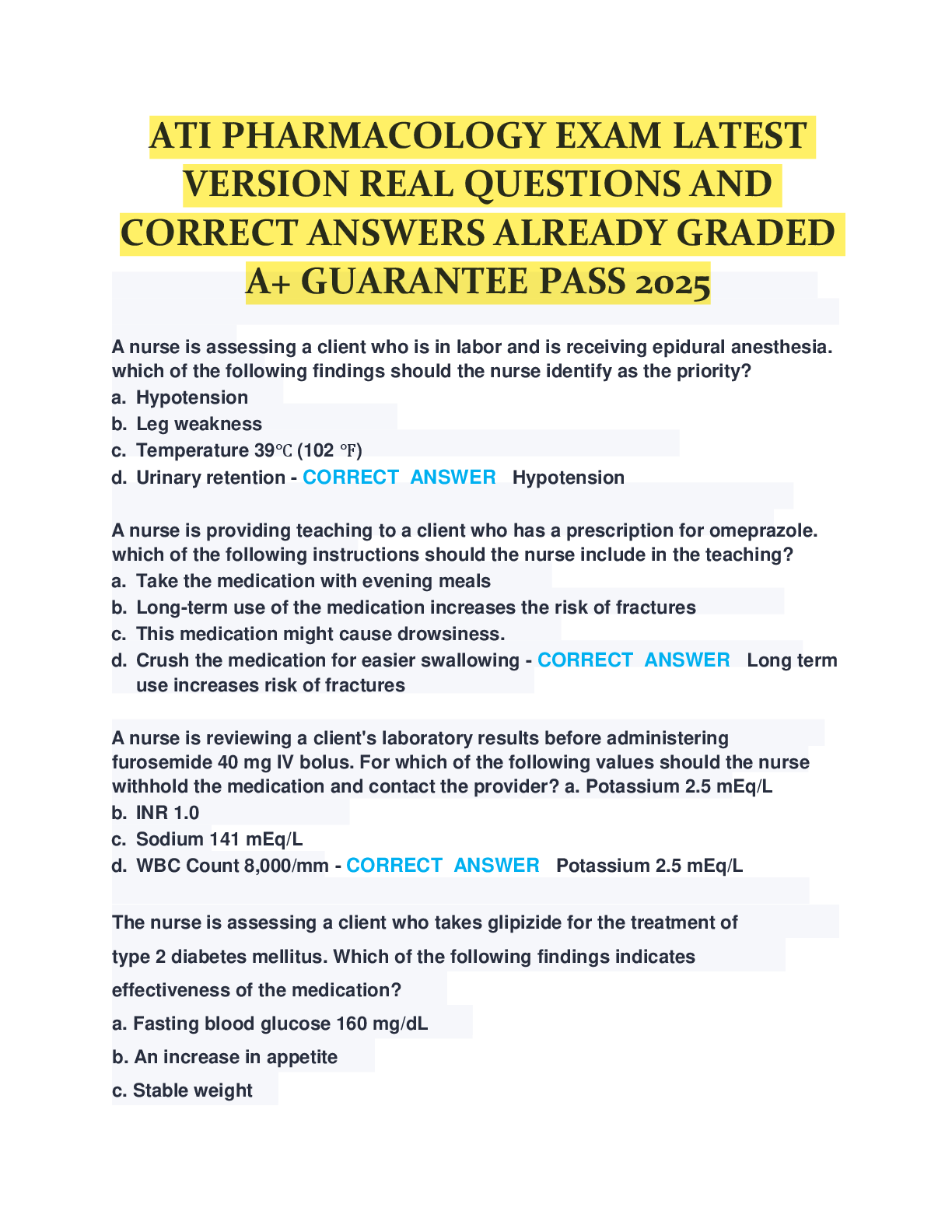 Recommended document preview for ATI PHARMACOLOGY EXAM LATEST  VERSION REAL QUESTIONS AND  CORRECT ANSWERS ALREADY GRADED  A+ GUARANTEE PASS 2025