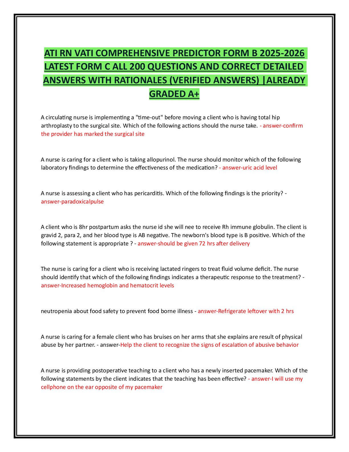 Preview of ATI RN VATI COMPREHENSIVE PREDICTOR FORM B 2025-2026   LATEST FORM C ALL 200 QUESTIONS AND