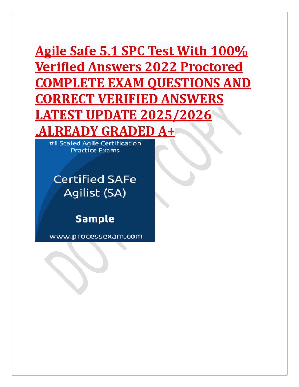 Recommended document preview for Agile Safe 5.1 SPC Test With 100%  Verified AnswersProctored  COMPLETE EXAM QUESTIONS AND  CORRECT ANSWERS