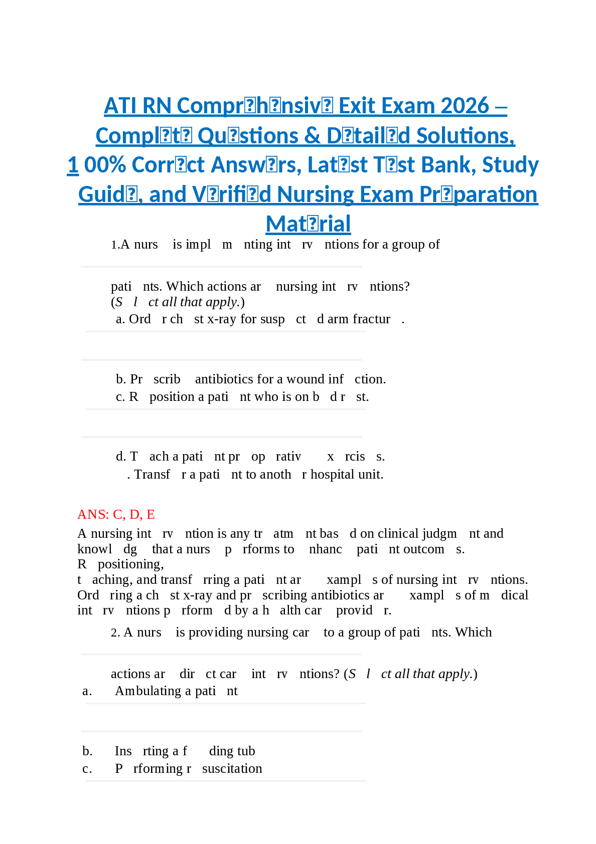 Recommended document preview for ATI RN Compr𝚎h𝚎nsiv𝚎 Exit Exam 2026  –   Compl𝚎t𝚎 Qu𝚎stions & D𝚎tail𝚎d Solutions,   00% Corr𝚎ct Answ𝚎rs, Lat𝚎st T𝚎st Bank, Study Guid𝚎, and V𝚎rifi𝚎d Nursing Exam Pr𝚎paration  Mat𝚎rial