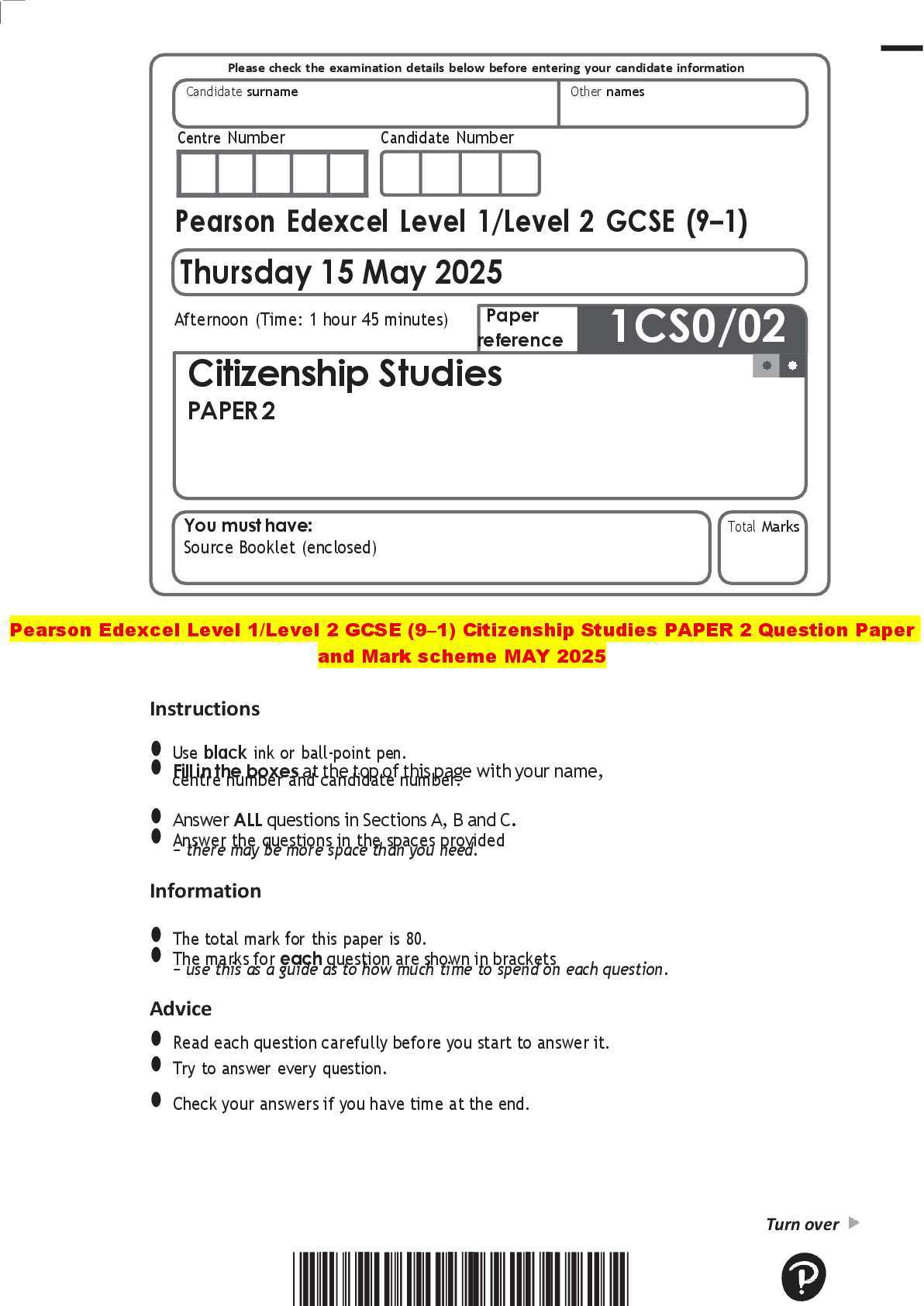Recommended document preview for Pearson Edexcel Level 1/Level 2 GCSE (9–1) Citizenship Studies PAPER 2 Question Paper  and Mark scheme MAY 2025