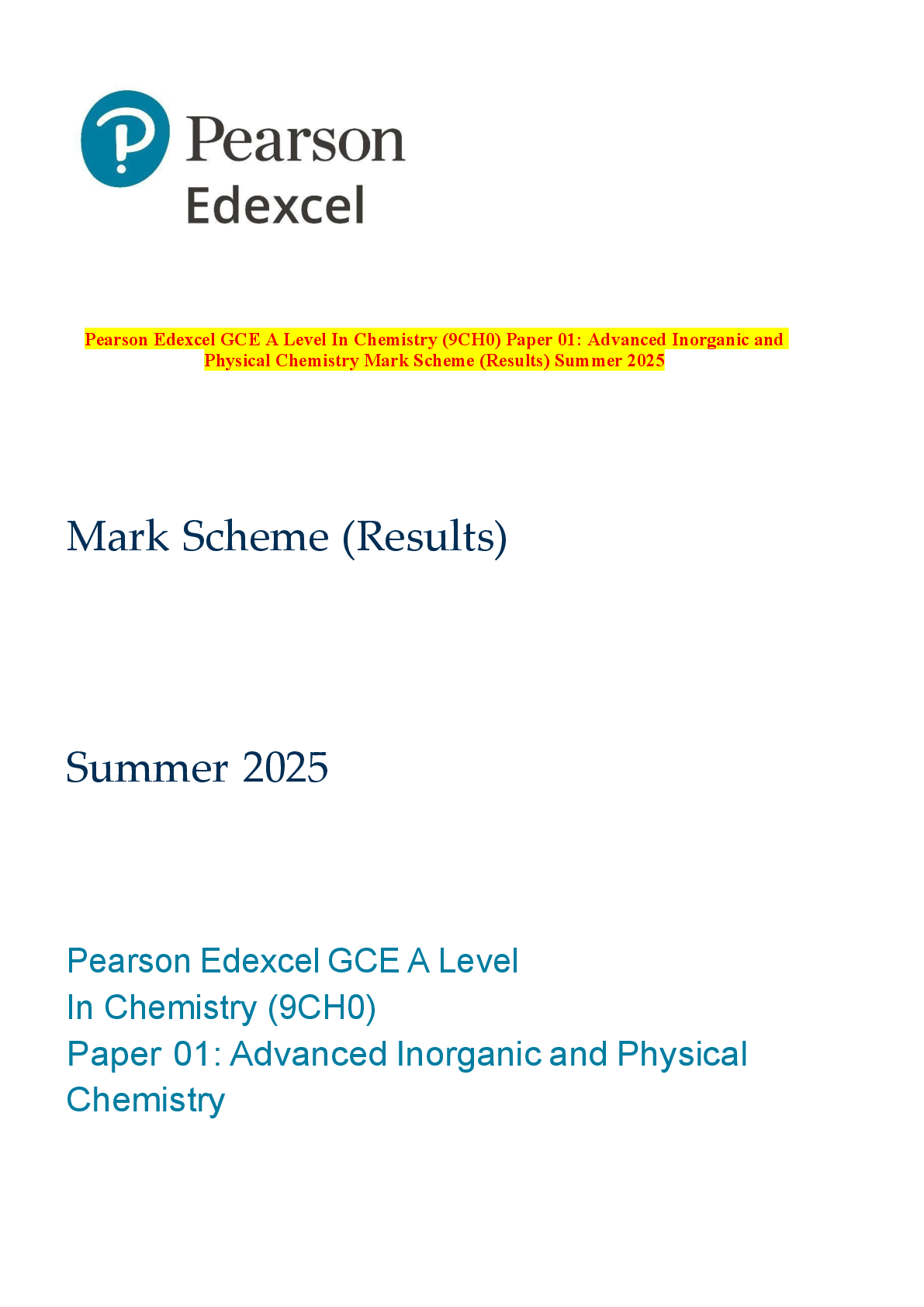 Preview of Pearson Edexcel GCE A Level In Chemistry (9CH0) Paper 01: Advanced Inorganic and Physical