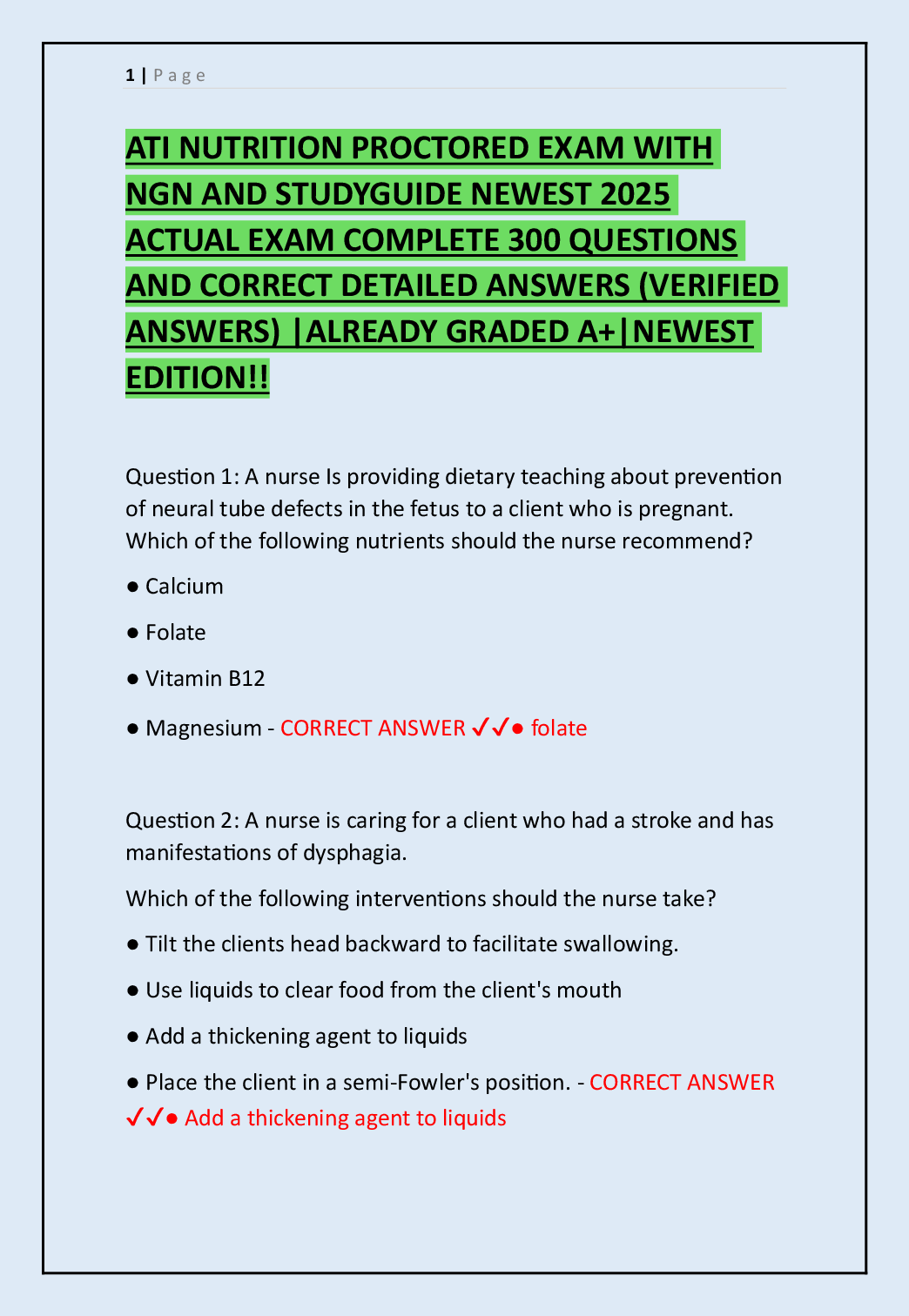 Recommended document preview for ATI NUTRITION PROCTORED EXAM WITH  NGN AND STUDYGUIDE NEWEST 2025  ACTUAL EXAM COMPLETE 300 QUESTIONS  AND CORRECT DETAILED ANSWERS (VERIFIED  ANSWERS) |ALREADY GRADED A+|NEWEST  EDITION!!