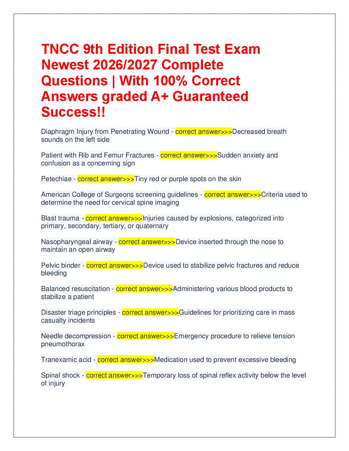 Recommended document preview for TNCC 9th Edition Final Test Exam  Newest 2026/2027 Complete  Questions | With 100% Correct  Answers graded A+ Guaranteed  Success!!