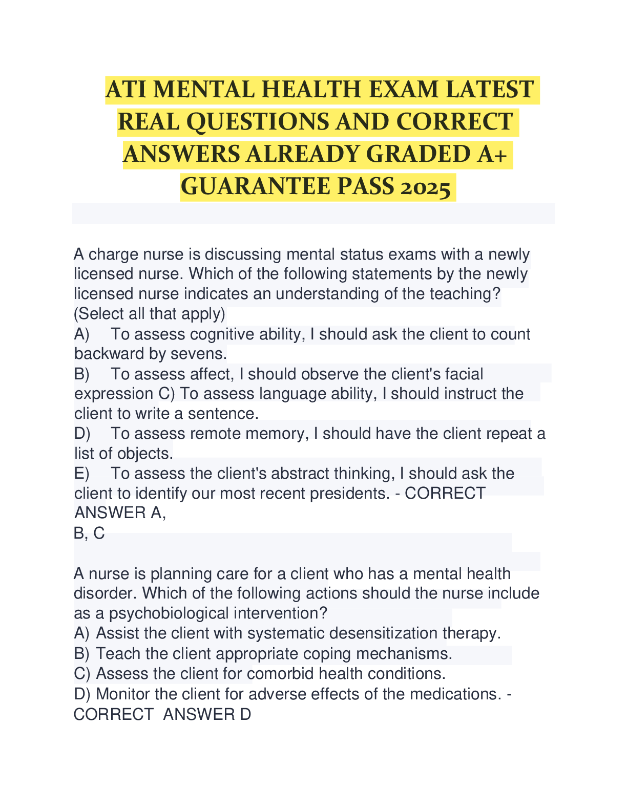 Preview of ATI MENTAL HEALTH EXAM LATEST  REAL QUESTIONS AND CORRECT  ANSWERS ALREADY GRADED A+  GUAR
