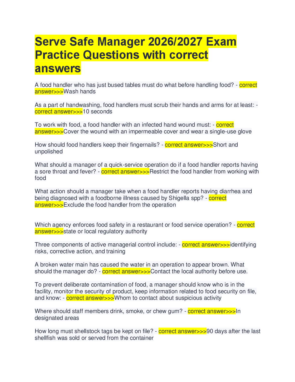 Preview image for Serve Safe Manager 2026/2027 Exam  Practice Questions with correct  answers