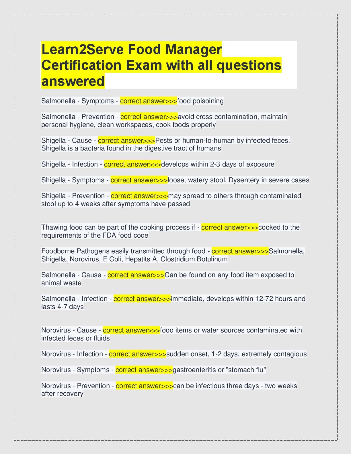 Preview of Learn2Serve Food Manager  Certification Exam with all questions  answered