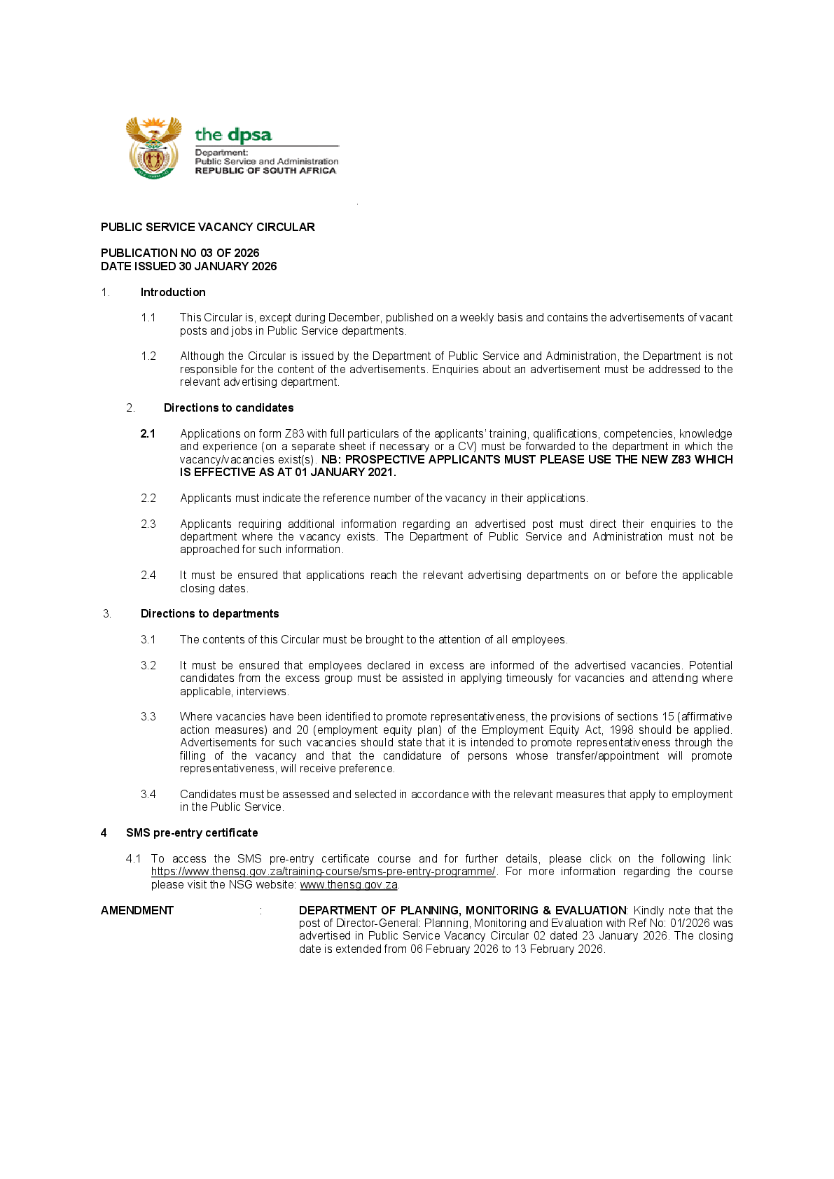 Preview of PUBLIC SERVICE VACANCY CIRCULAR  PUBLICATION NO 03 OF 2026  DATE ISSUED 30 JANUARY 2026