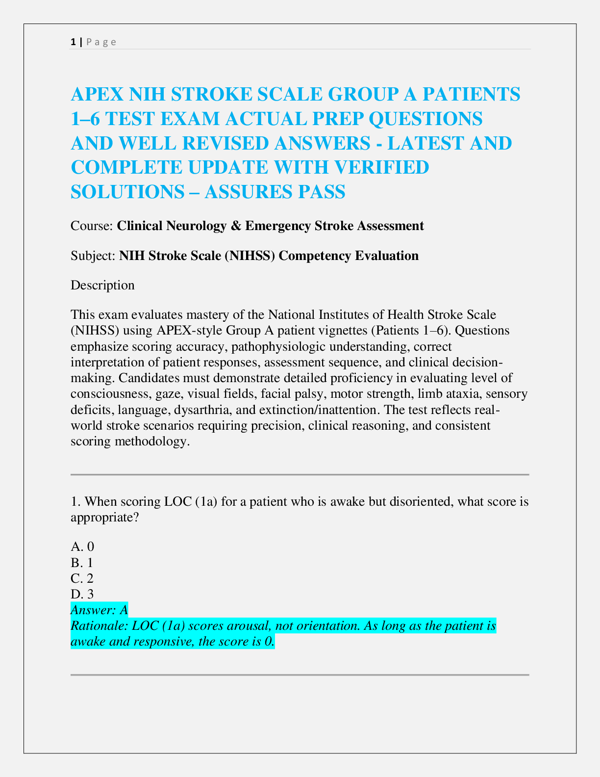 Preview of APEX NIH STROKE SCALE GROUP A PATIENTS  1–6 TEST EXAM ACTUAL PREP QUESTIONS  AND WELL REVI