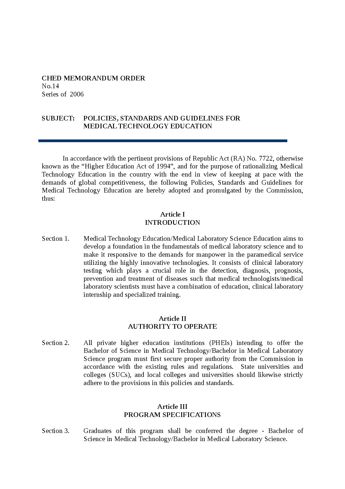 Recommended document preview for POLICIES, STANDARDS AND GUIDELINES FOR  MEDICAL TECHNOLOGY EDUCATION