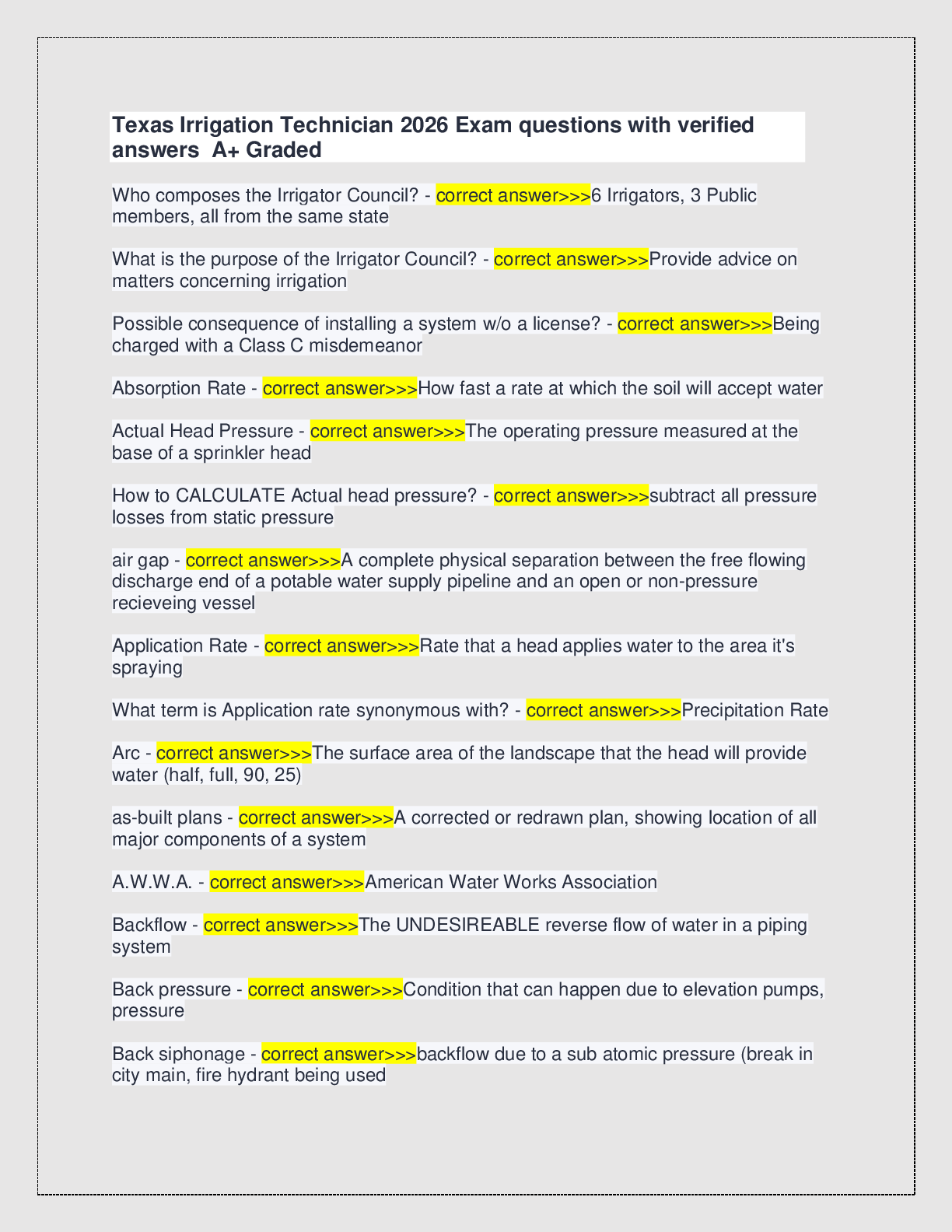 Recommended document preview for Texas Irrigation Technician 2026 Exam questions with verified  answers  A+ Graded