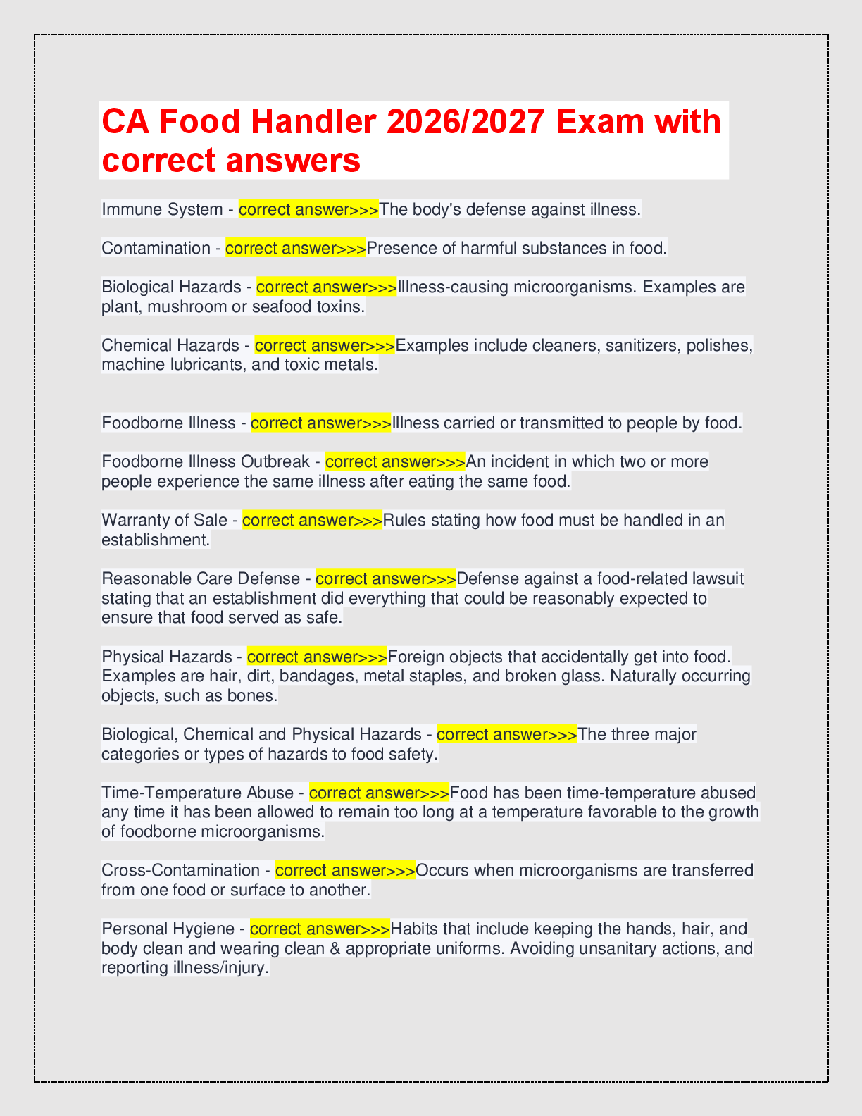Preview of CA Food Handler 2026/2027 Exam with  correct answers