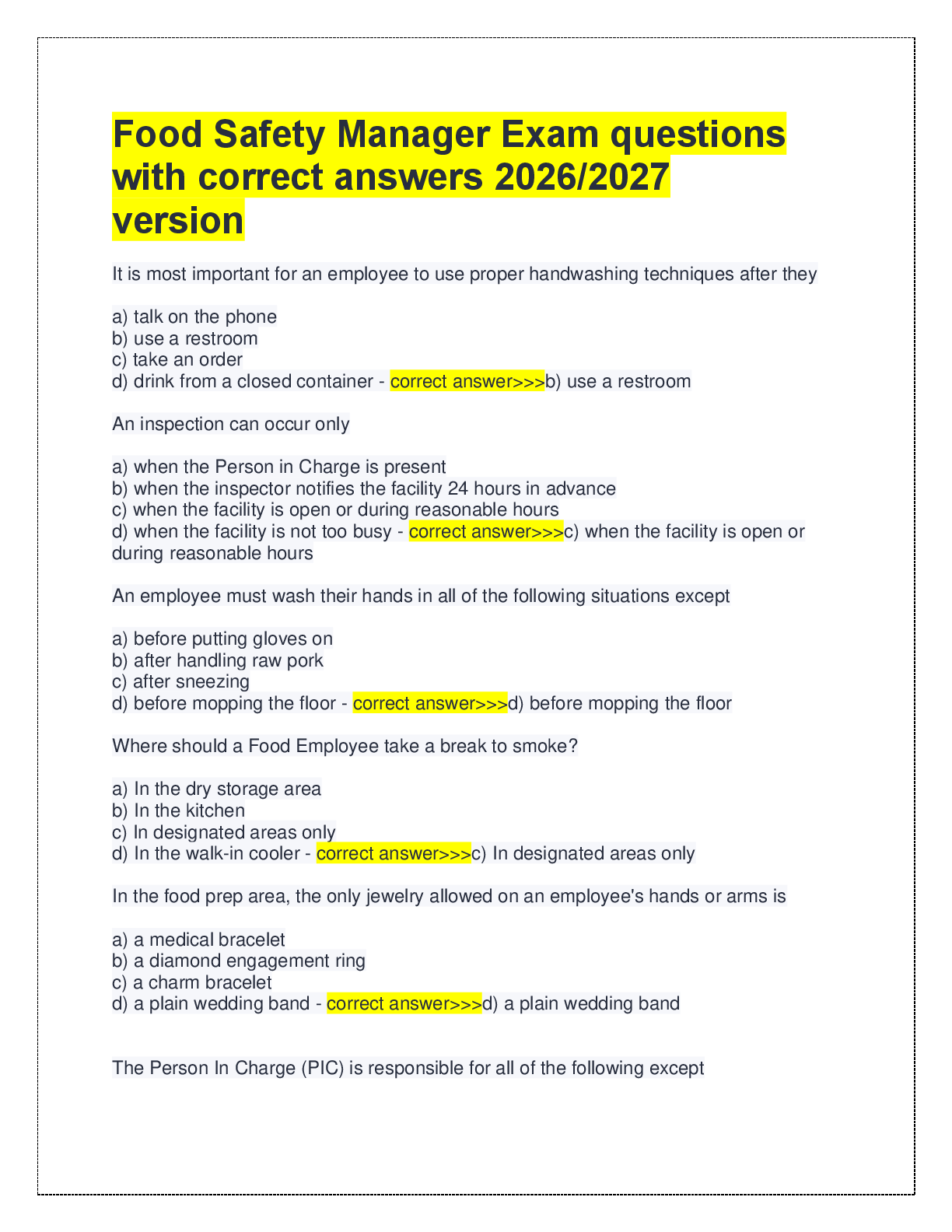 Food Safety Manager Exam questions  with correct answers 2026/2027  version