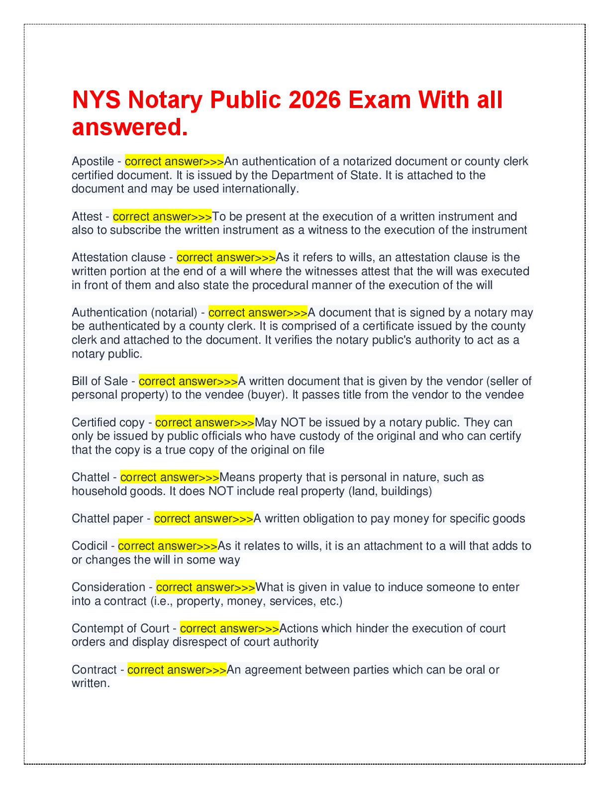 Preview image for NYS Notary Public 2026 Exam With all  answered.