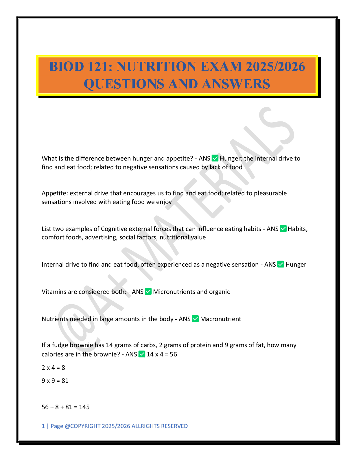 Preview of BIOD 121: NUTRITION EXAM 2025/2026  QUESTIONS AND ANSWERS