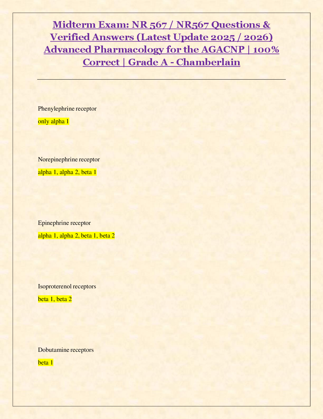 Recommended document preview for Midterm Exam: NR 567 / NR567 Questions &  Verified Answers (Latest Update 2025 / 2026)  Advanced Pharmacology for the AGACNP | 100%  Correct | Grade A - Chamberlain