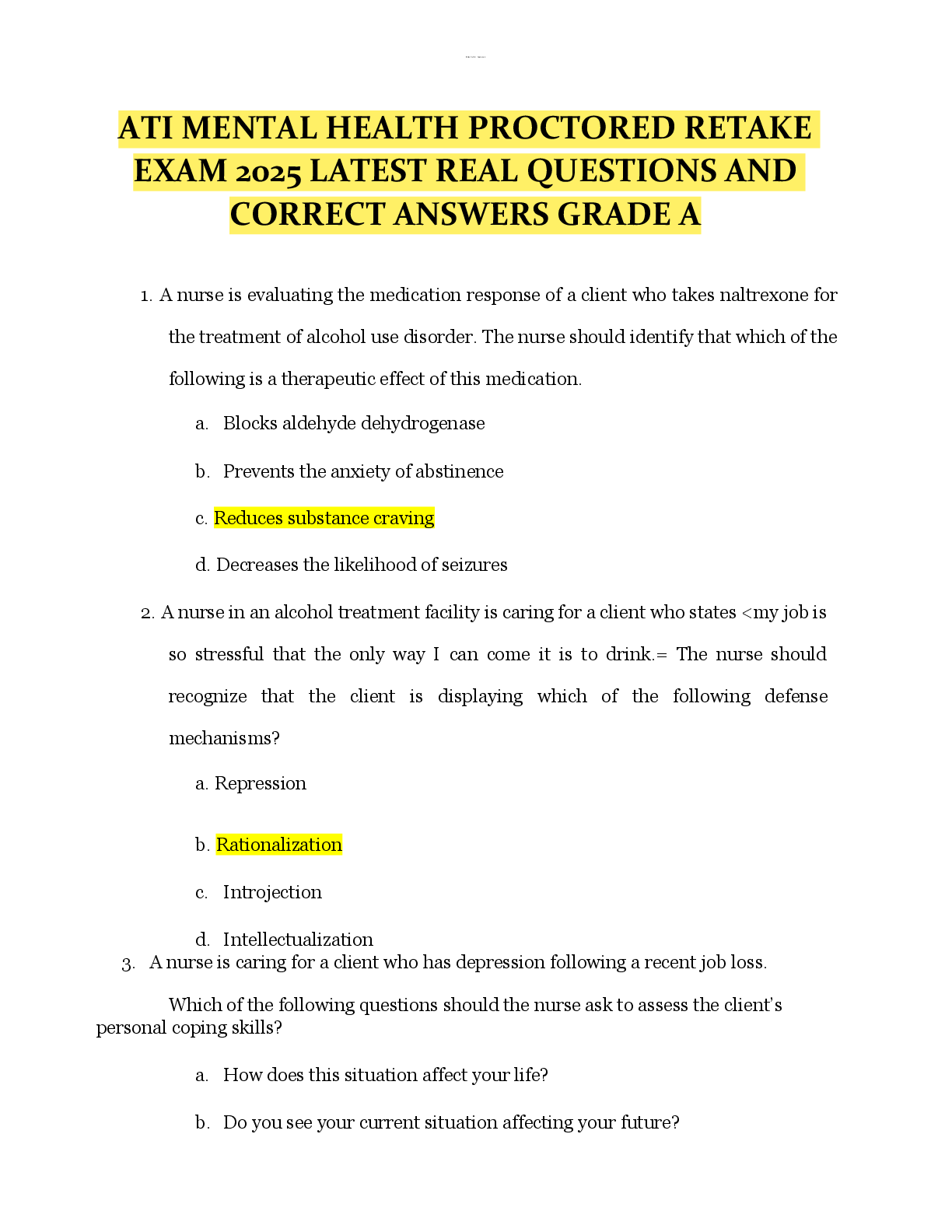 Recommended document preview for ATI MENTAL HEALTH PROCTORED RETAKE  EXAM 2025 LATEST REAL QUESTIONS AND  CORRECT ANSWERS GRADE A