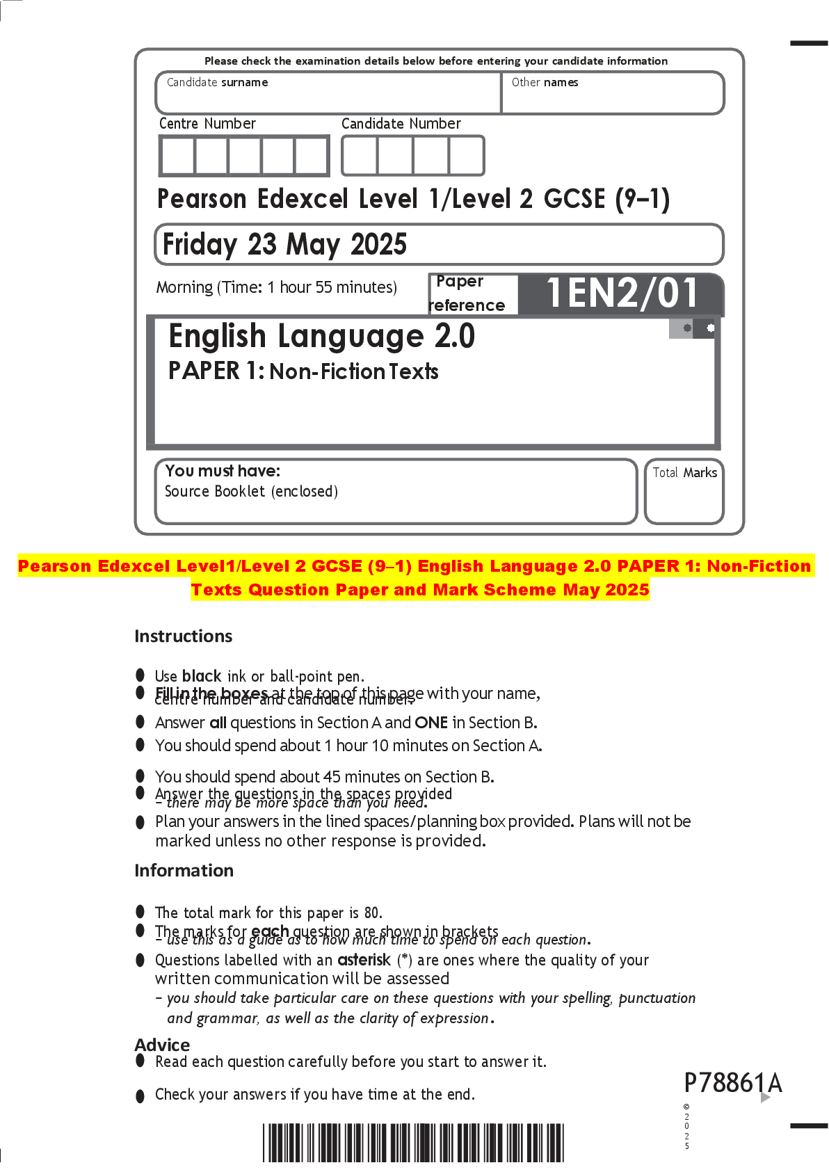 Recommended document preview for Pearson Edexcel Level1/Level 2 GCSE (9–1) English Language 2.0 PAPER 1: Non-Fiction  Texts Question Paper and Mark Scheme May 2025