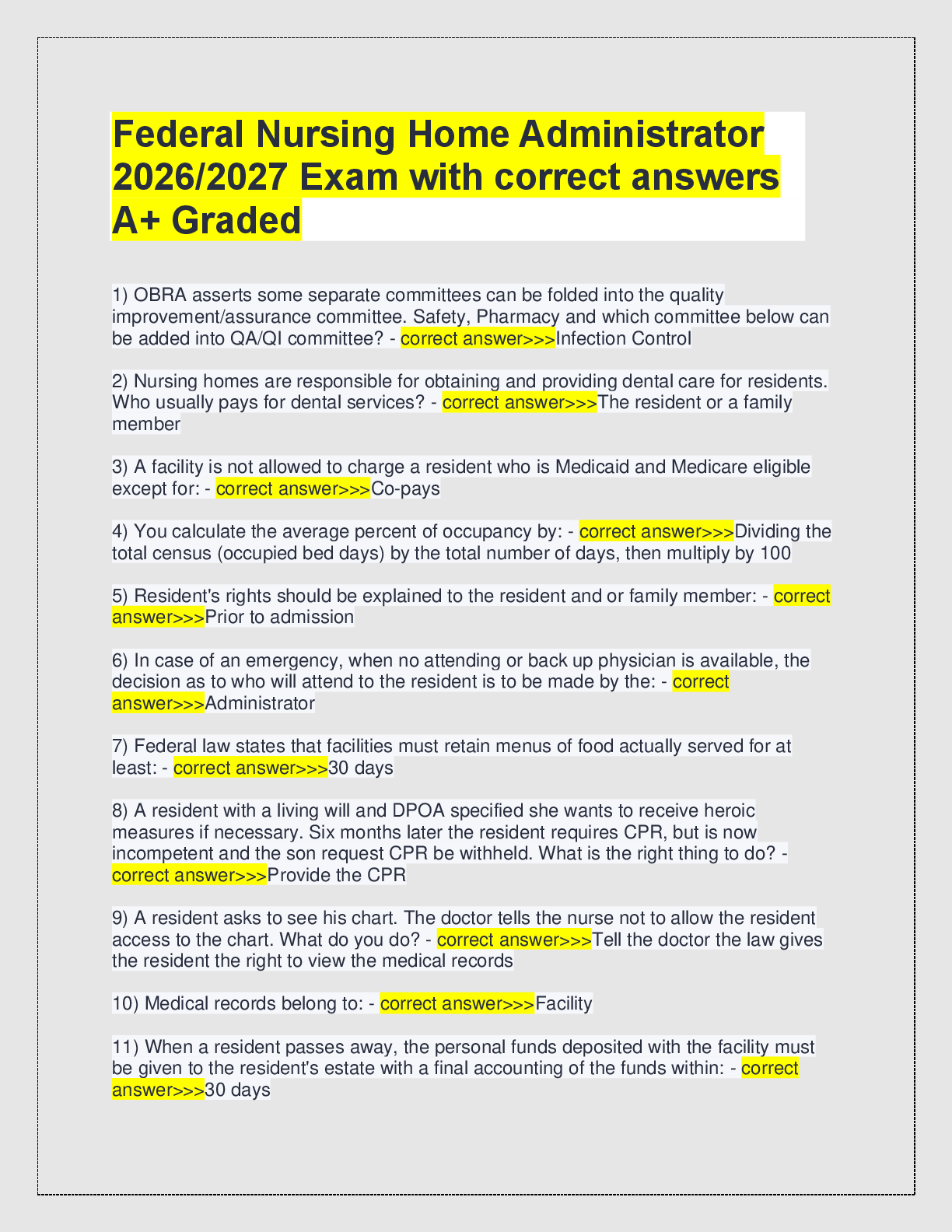 Recommended document preview for Federal Nursing Home Administrator  2026/2027 Exam with correct answers  A+ Graded