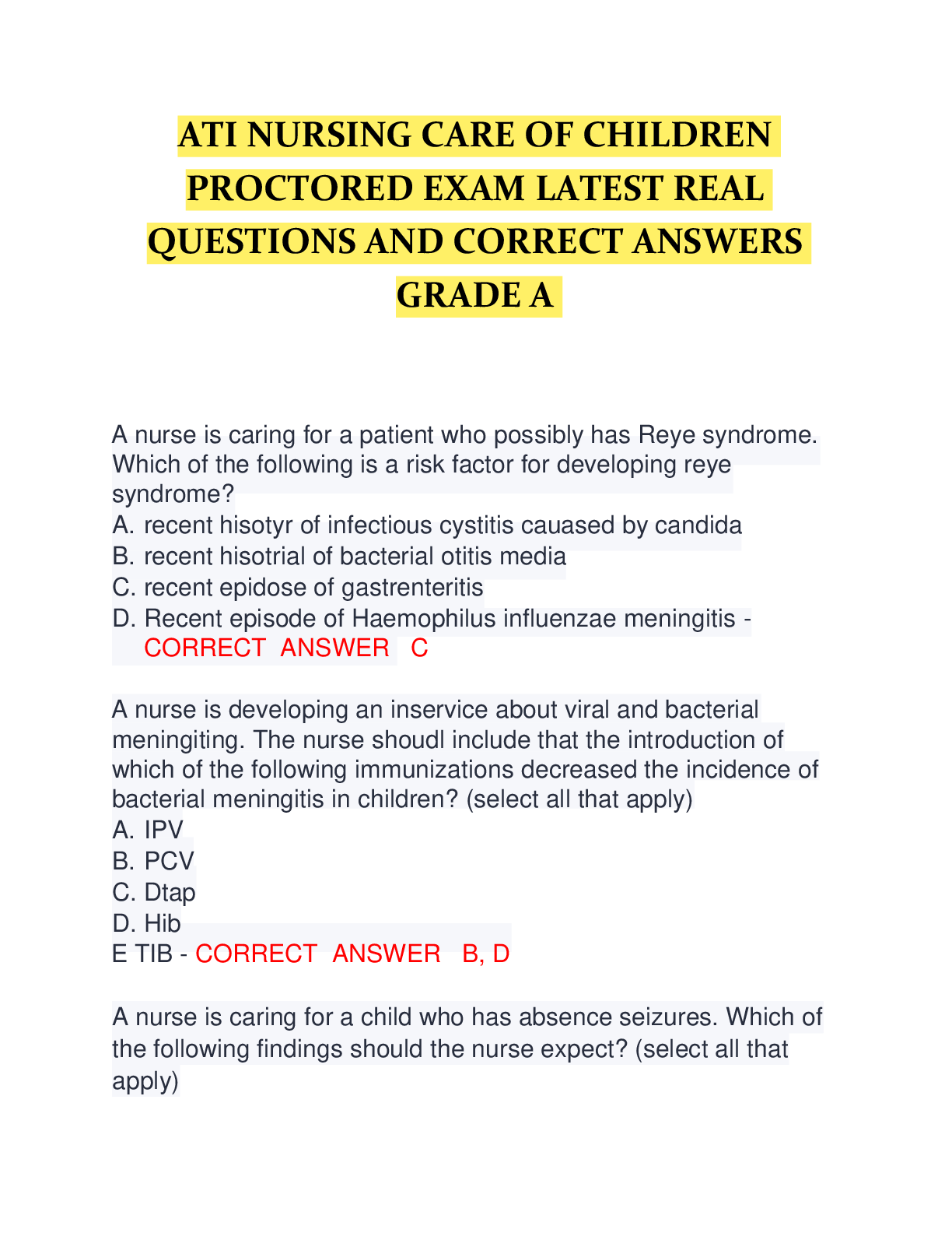 Preview of ATI NURSING CARE OF CHILDREN  PROCTORED EXAM LATEST REAL  QUESTIONS AND CORRECT ANSWERS  G