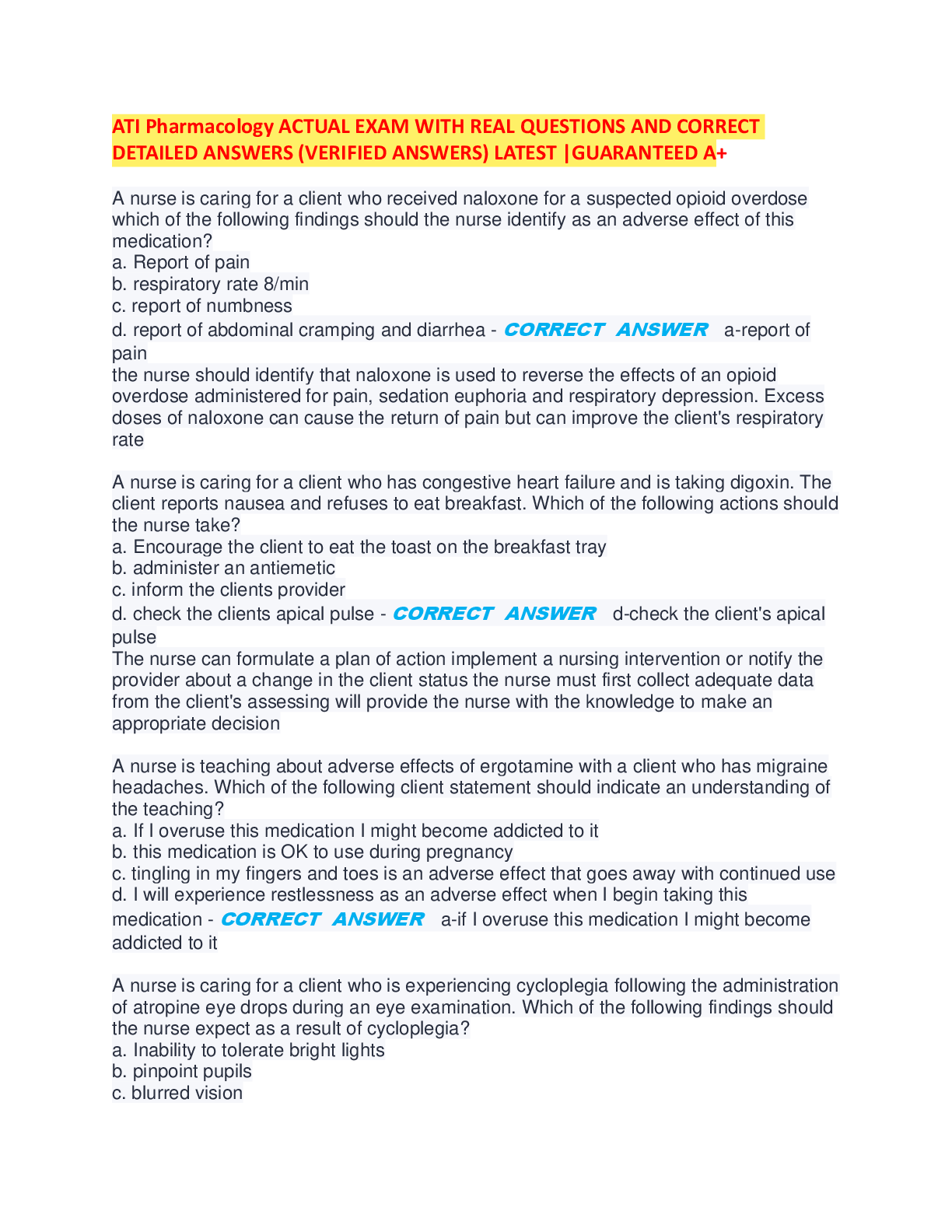 Recommended document preview for ATI Pharmacology ACTUAL EXAM WITH REAL QUESTIONS AND CORRECT  DETAILED ANSWERS (VERIFIED ANSWERS) LATEST |GUARANTEED A+