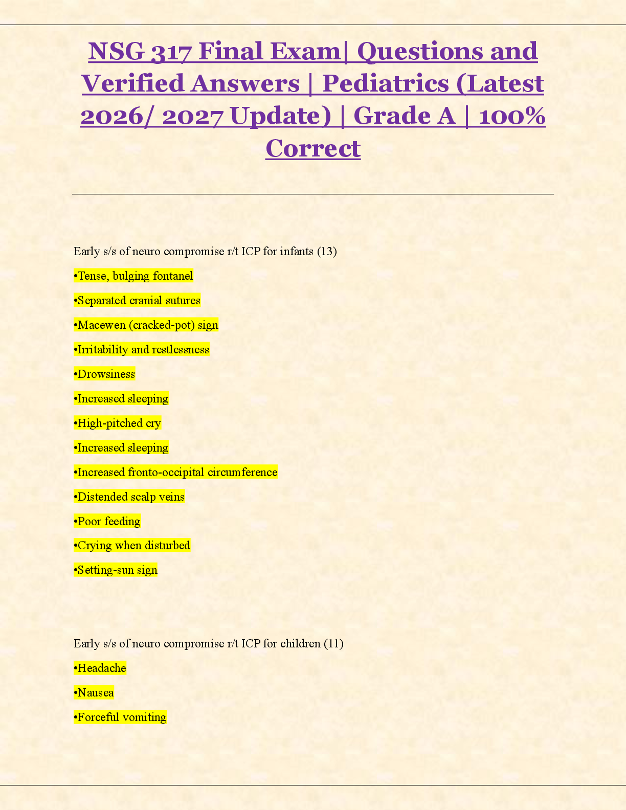 Preview of NSG 317 Final Exam| Questions and  Verified Answers | Pediatrics (Latest  2026/ 2027 Update) | Grade A | 100%  Correct