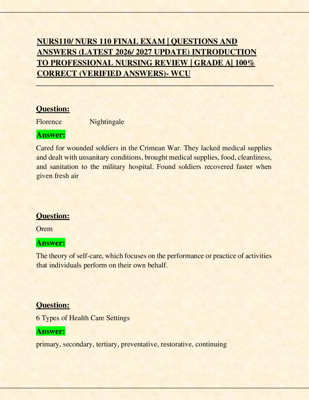Preview of NURS110/ NURS 110 FINAL EXAM | QUESTIONS AND   ANSWERS (LATEST 2026/ 2027 UPDATE) INTRODUCTION  TO PROFESSIONAL NURSING REVIEW | GRADE A| 100%   CORRECT (VERIFIED ANSWERS)- WCU