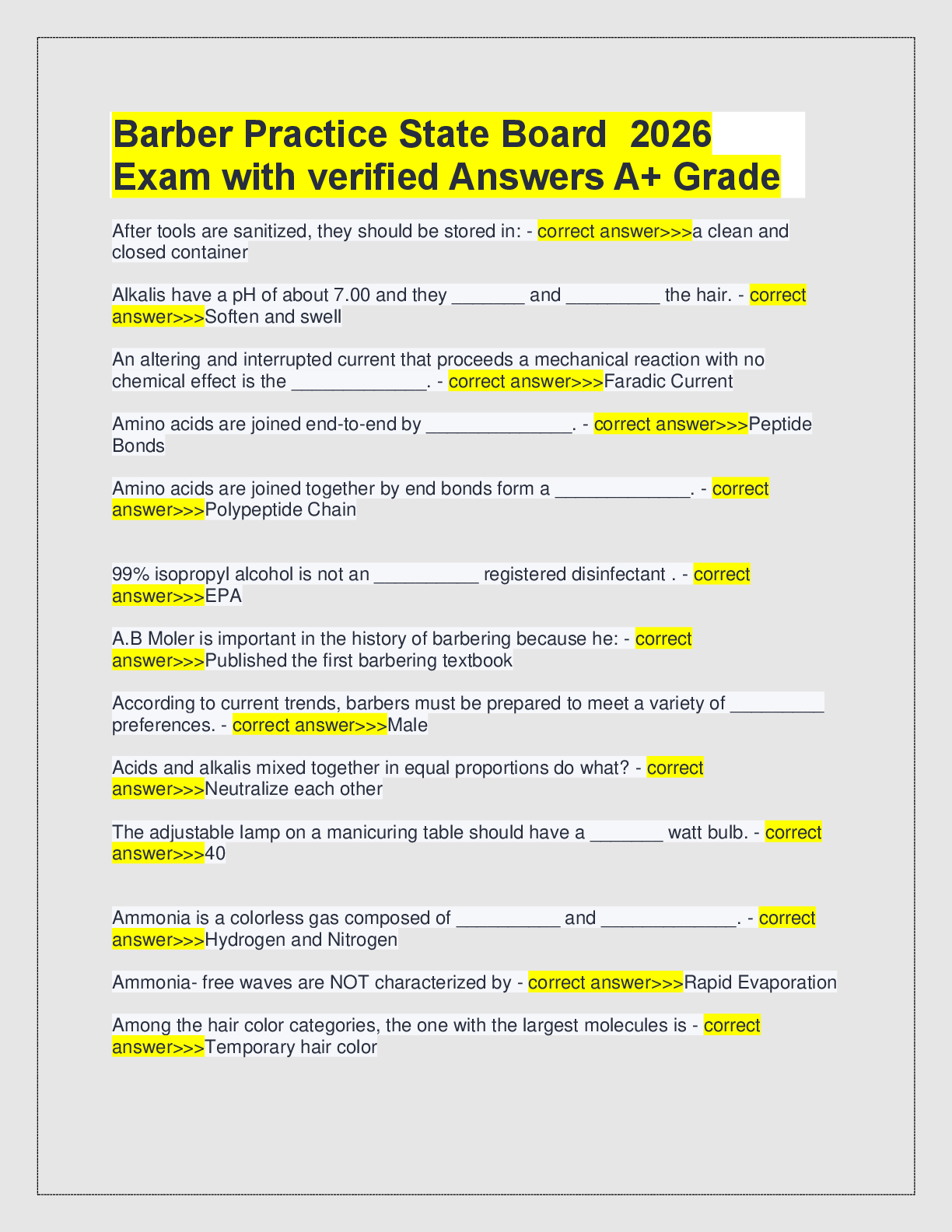 Recommended document preview for Barber Practice State Board  2026  Exam with verified Answers A+ Grade Barber Practice State Board  2026  Exam with verified Answers A+ Grade