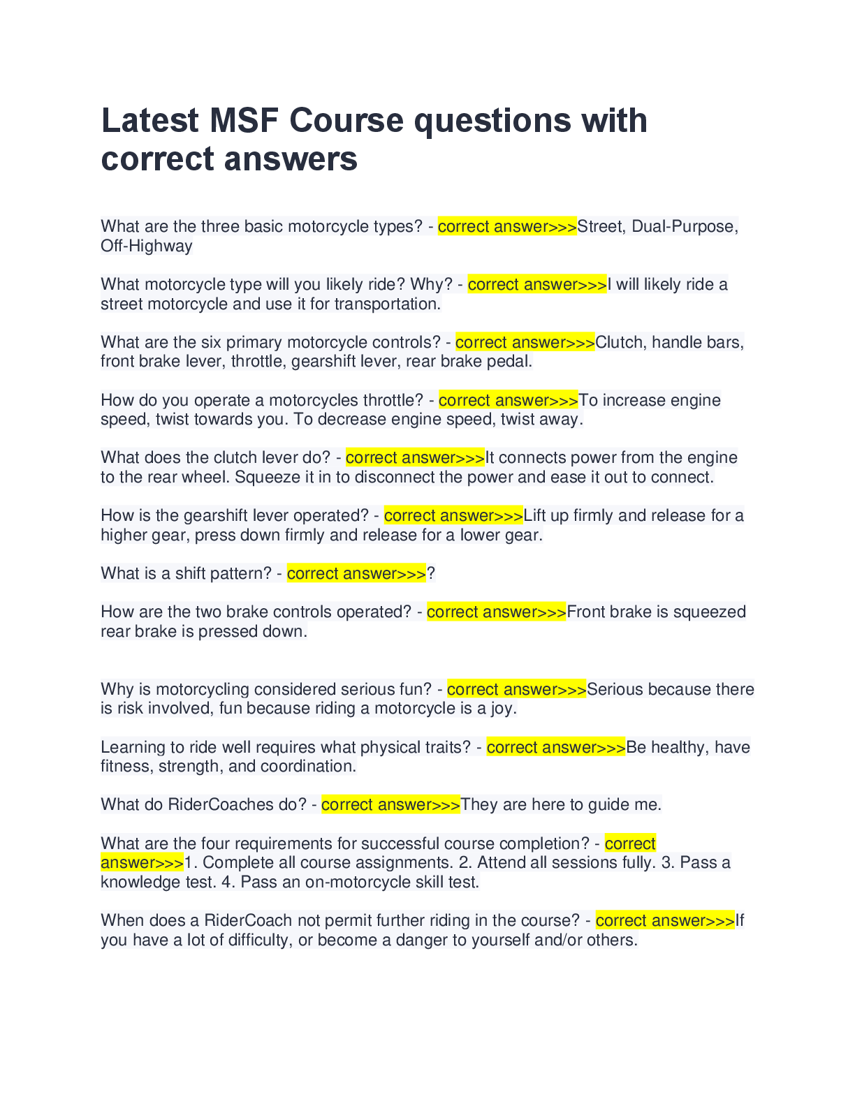 Recommended document preview for Latest MSF Course questions with  correct answers
