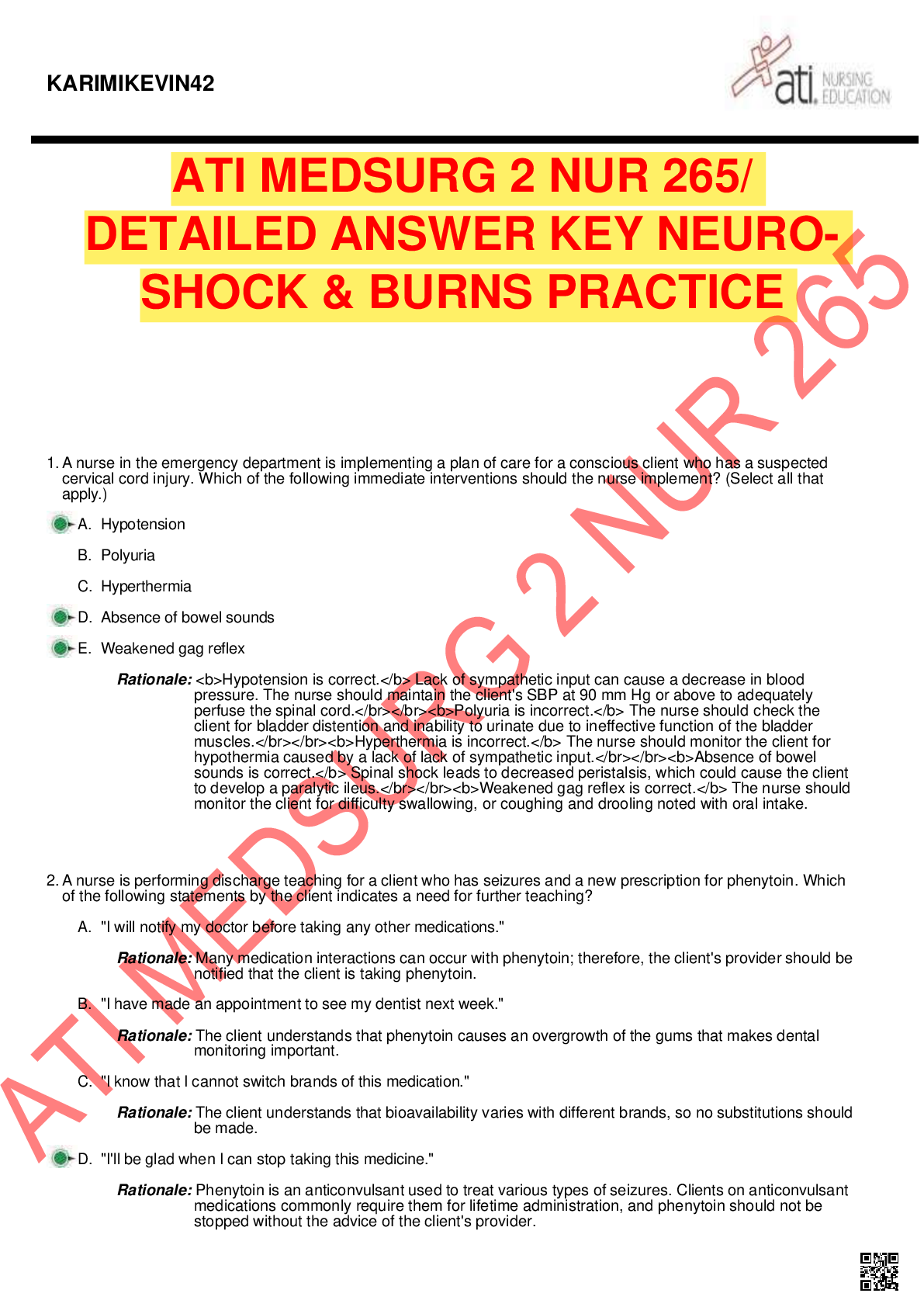 Preview of ATI MEDSURG 2 NUR 265/  DETAILED ANSWER KEY NEURO-  SHOCK & BURNS PRACTICE