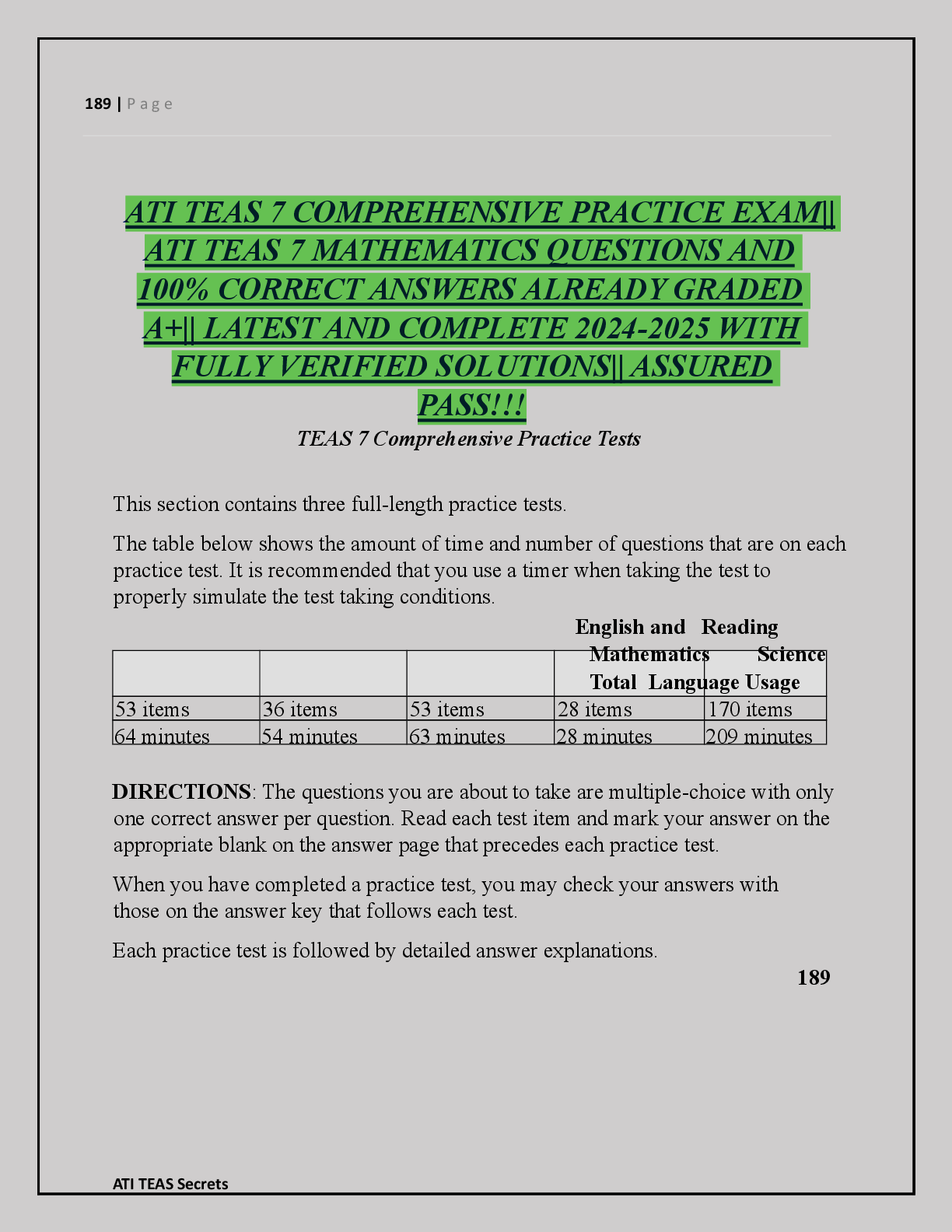 Recommended document preview for TI TEAS 7 COMPREHENSIVE PRACTICE EXAM||  ATI TEAS 7 MATHEMATICS QUESTIONS AND  100% CORRECT ANSWERS ALREADY GRADED  A+|| LATEST AND COMPLETE 2024-2025 WITH  FULLY VERIFIED SOLUTIONS|| ASSURED  PASS!!!