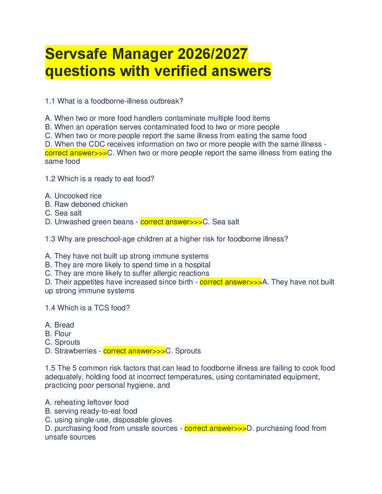 Preview image for Servsafe Manager 2026/2027  questions with verified answers