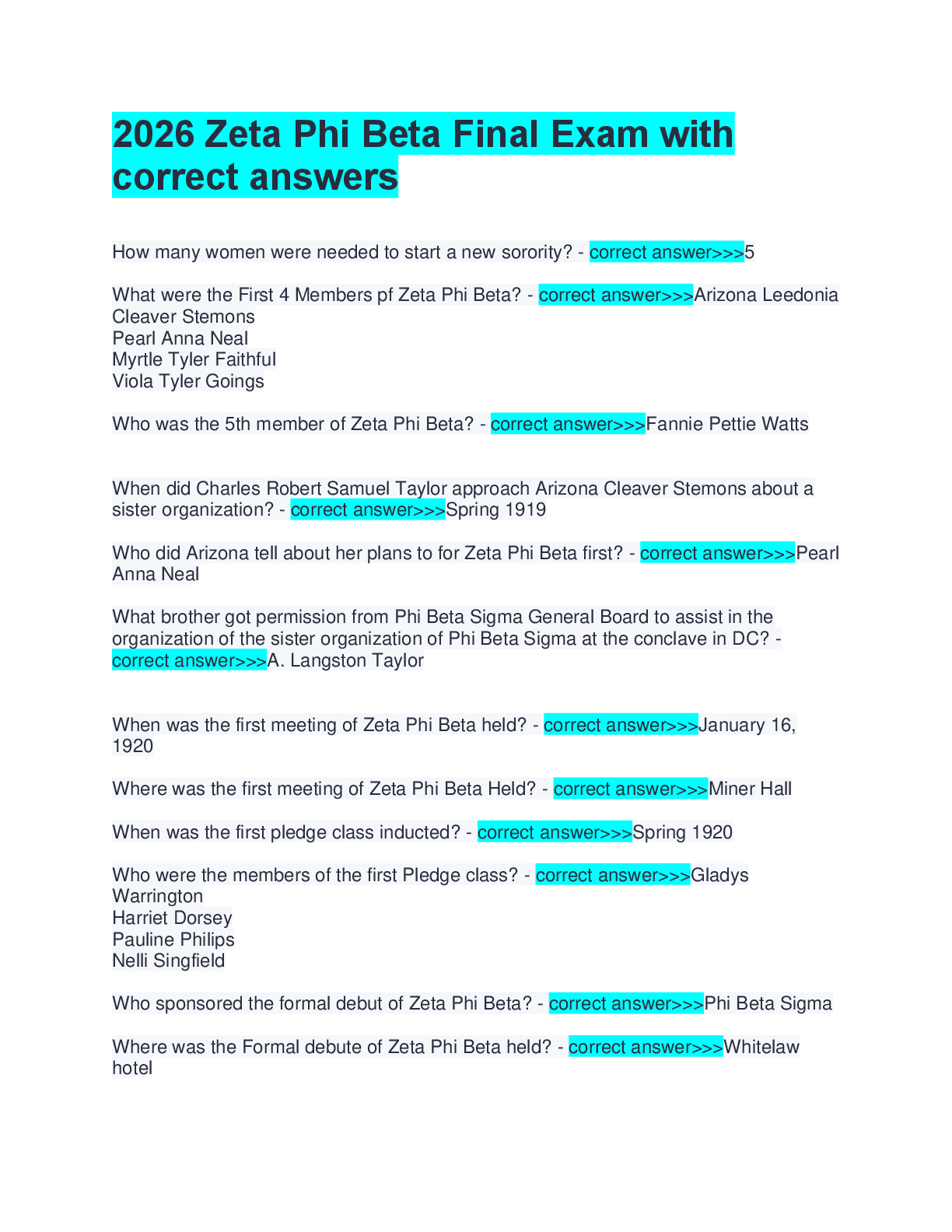 Preview of 2026 Zeta Phi Beta Final Exam with  correct answers