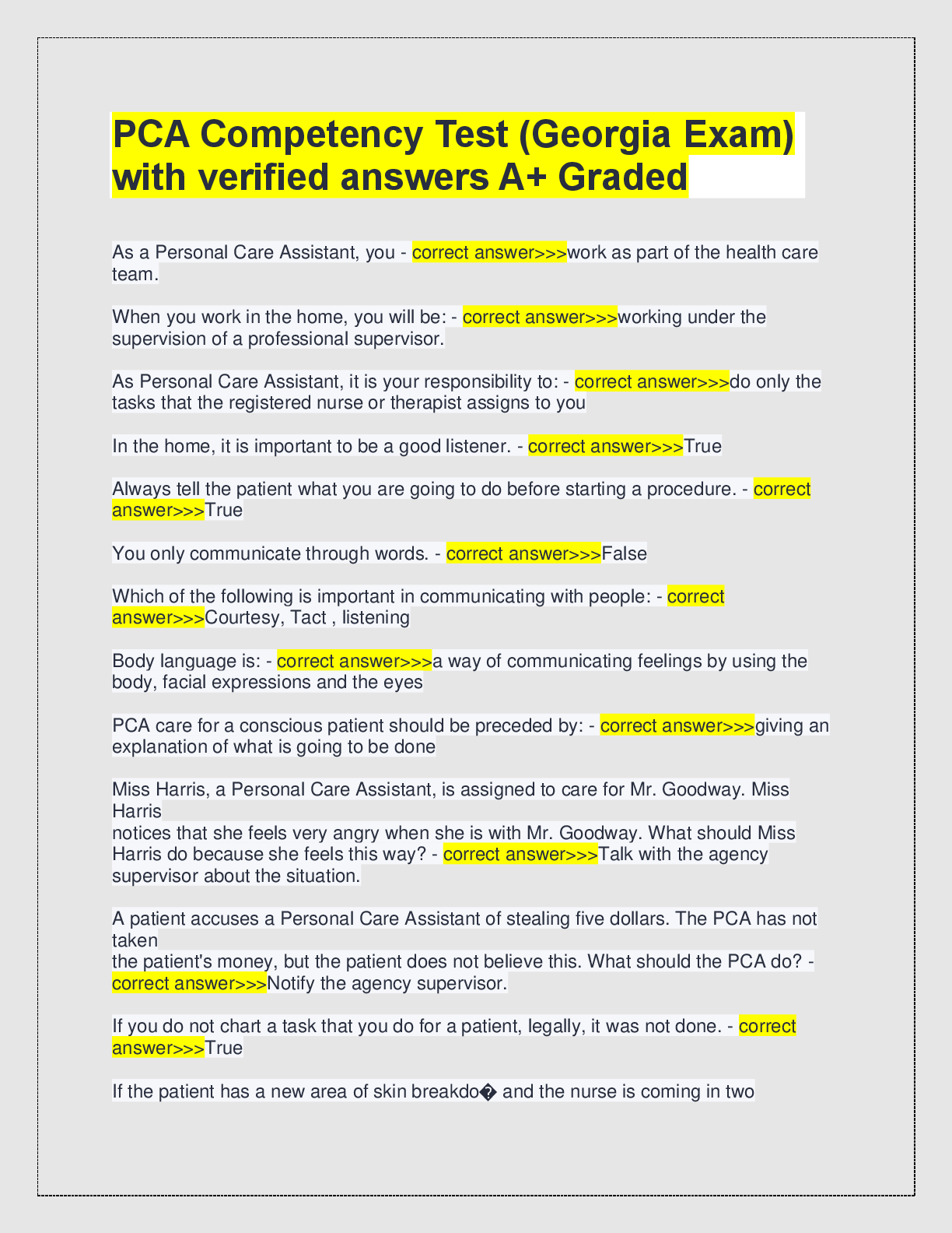 Preview image for PCA Competency Test (Georgia Exam)  with verified answers A+ Grade