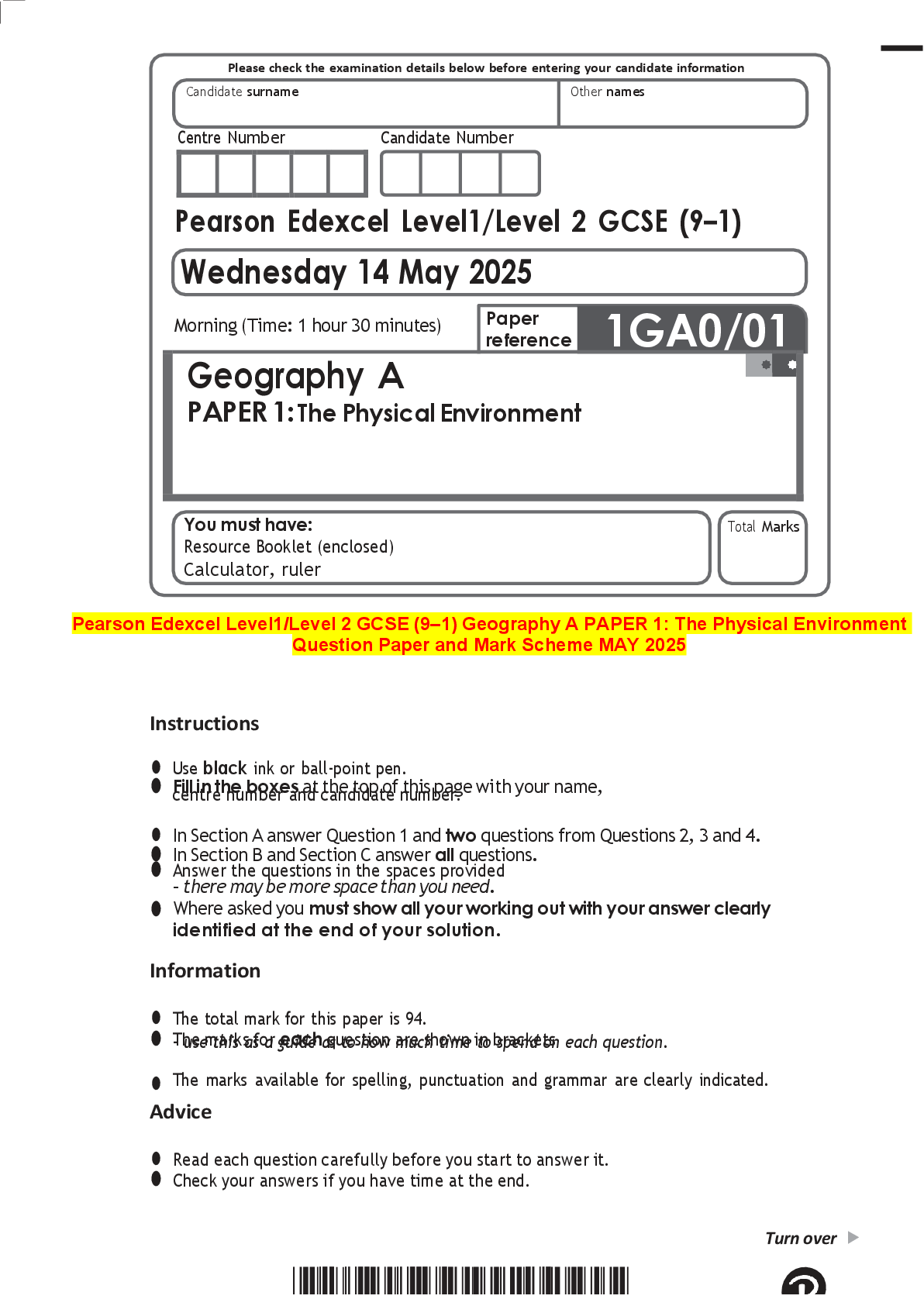 Recommended document preview for Pearson Edexcel Level1/Level 2 GCSE (9–1) Geography A PAPER 1: The Physical Environment  Question Paper and Mark Scheme MAY 2025