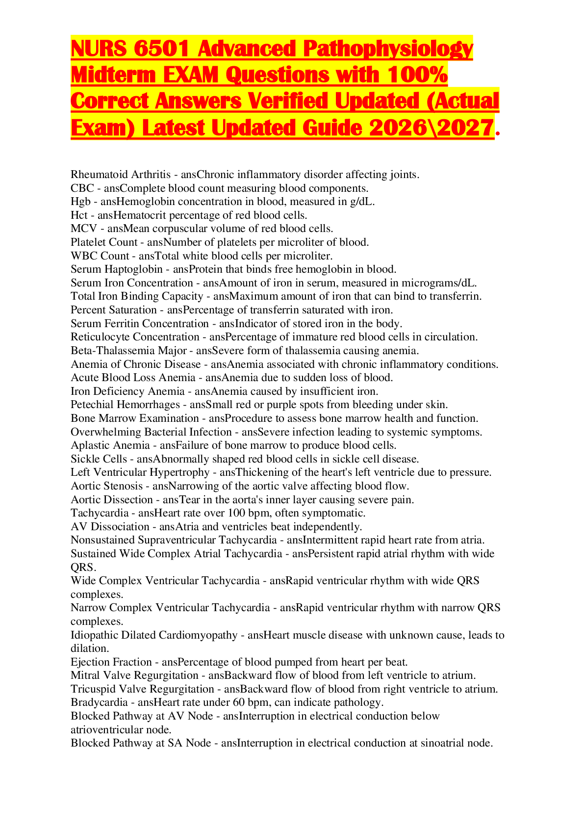 Recommended document preview for NURS 6501 Advanced Pathophysiology  Midterm EXAM Questions with 100%  Correct Answers Verified Updated (Actual  Exam) Latest Updated Guide 2026\2027.