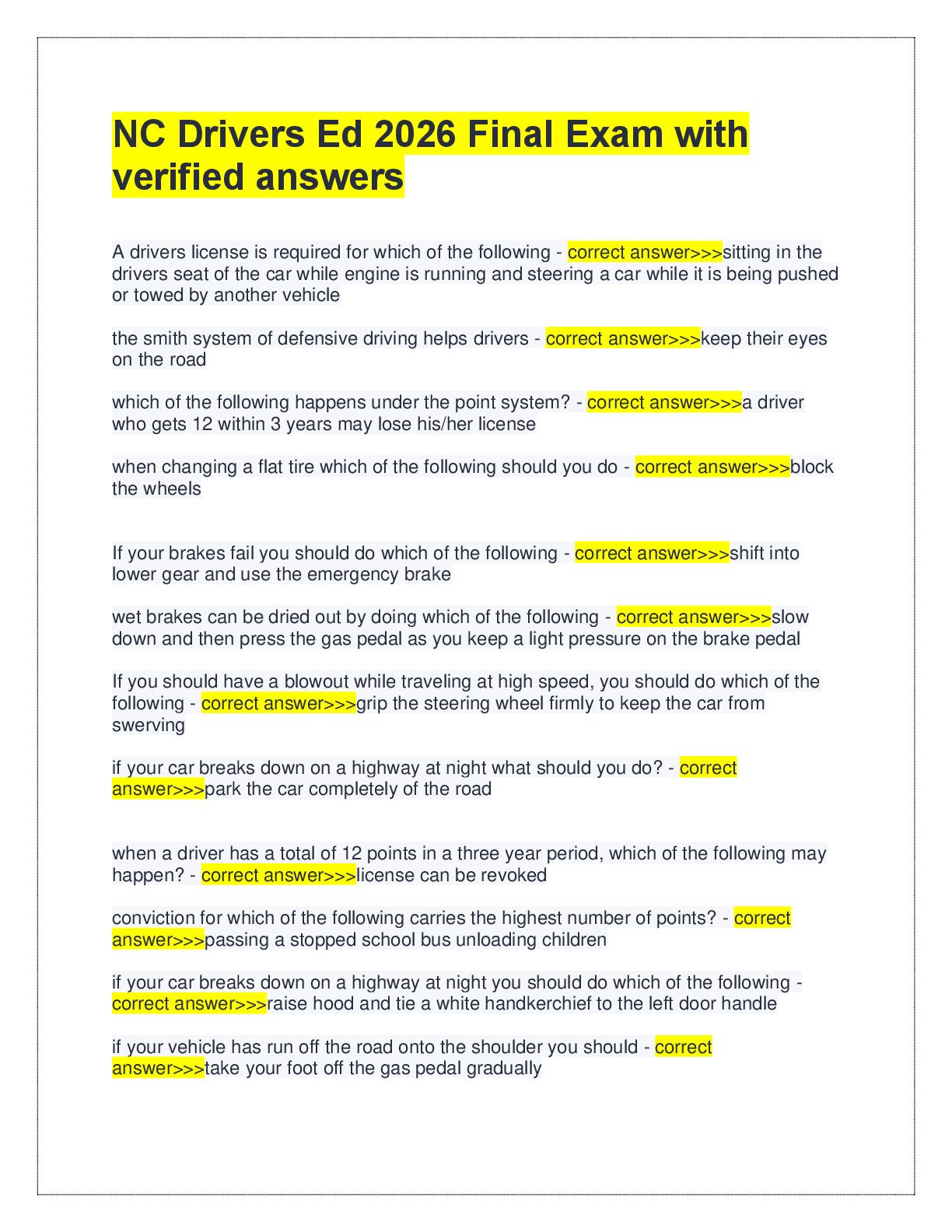 Recommended document preview for NC Drivers Ed 2026 Final Exam with  verified answers